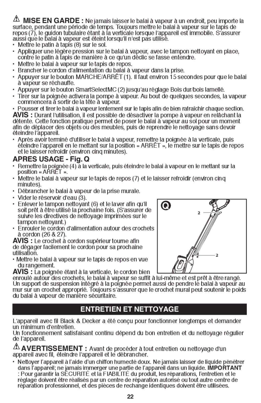 Black & Decker BDH1850SM instruction manual Apres Usage Fig. Q, Entretien ET Nettoyage, Éteindre l’appareil 