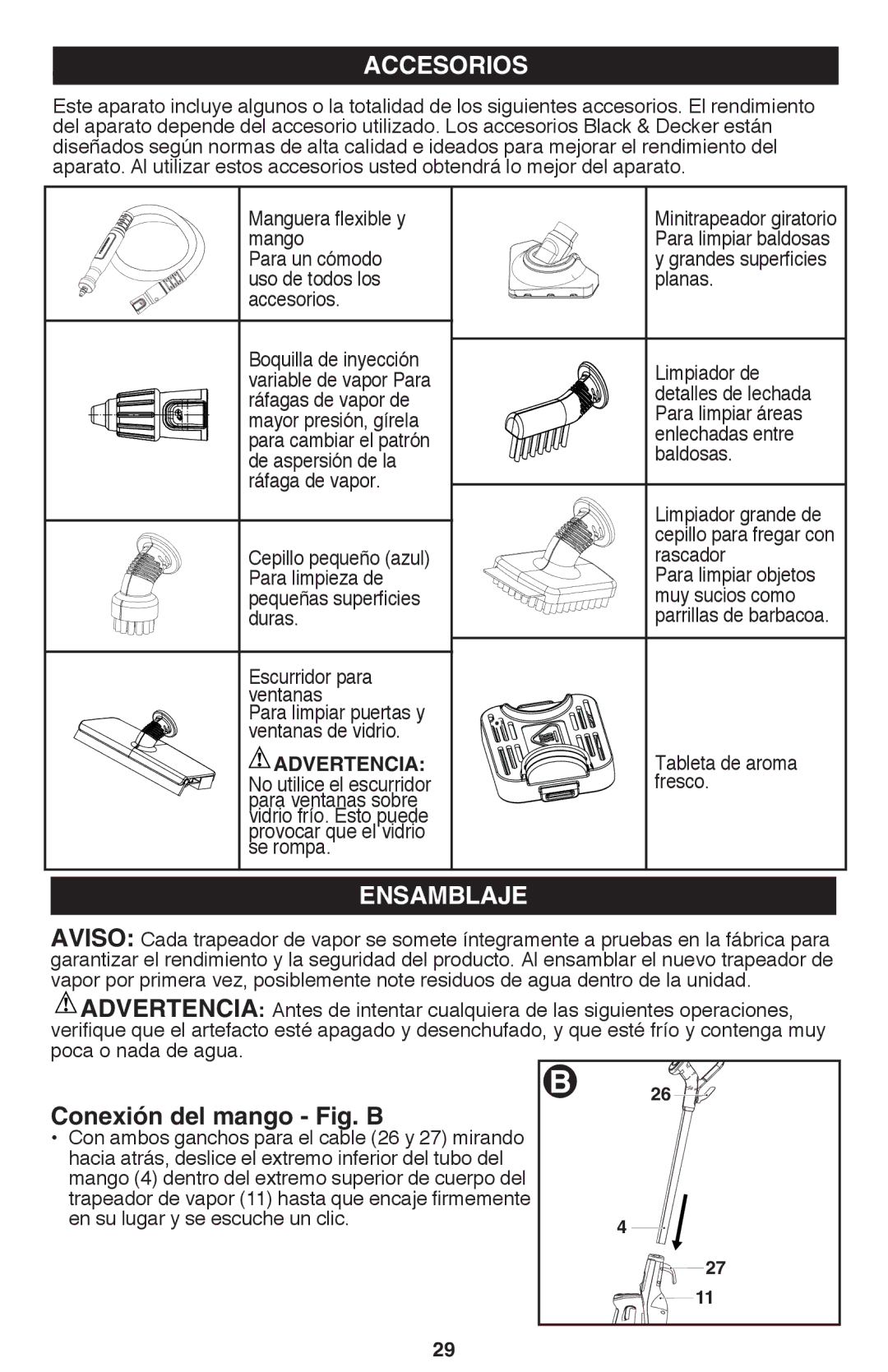 Black & Decker BDH1850SM instruction manual Accesorios, Ensamblaje, Conexión del mango Fig. B 