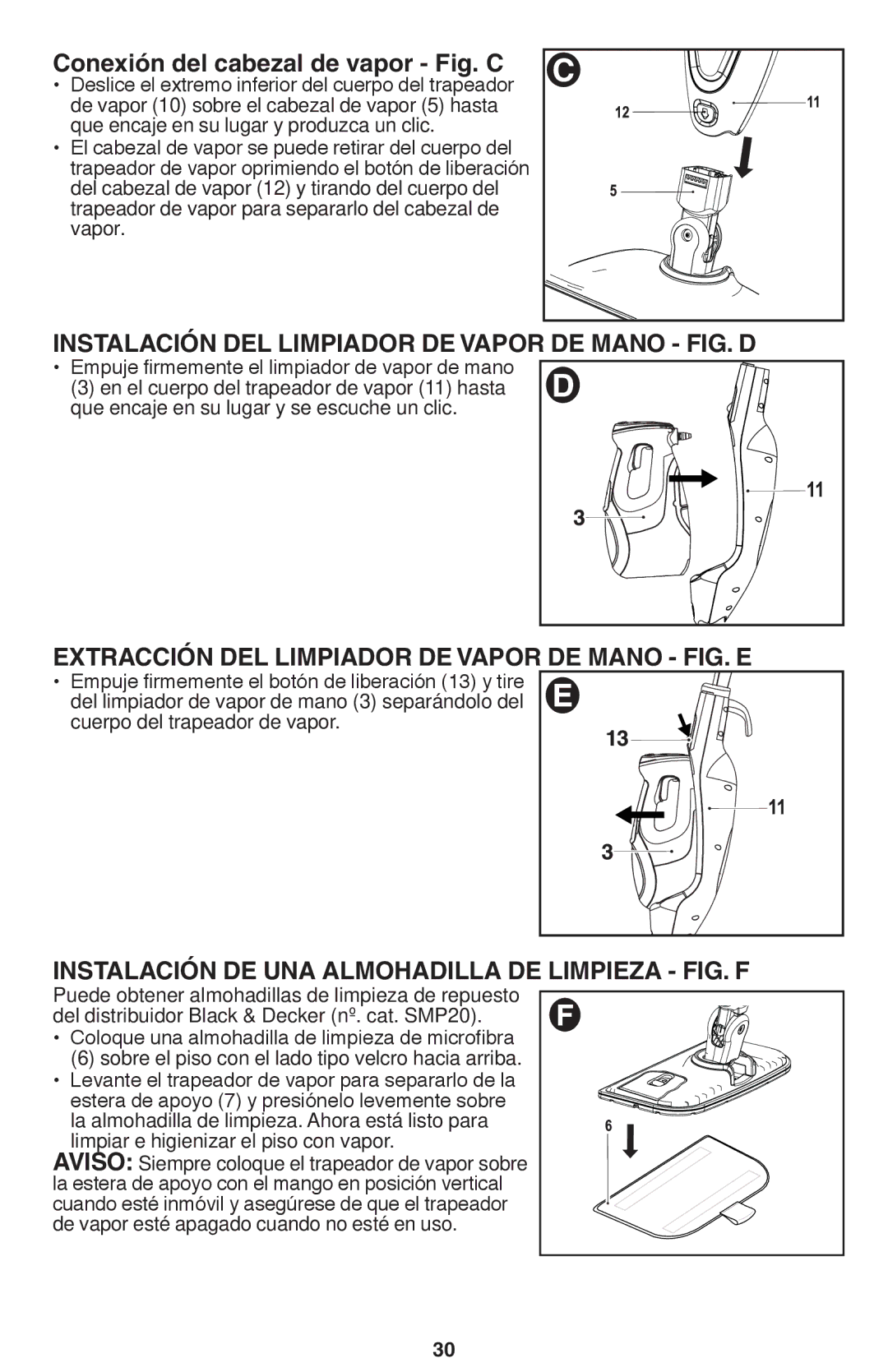 Black & Decker BDH1850SM Conexión del cabezal de vapor Fig. C, Extracción DEL Limpiador DE Vapor DE Mano FIG. E 