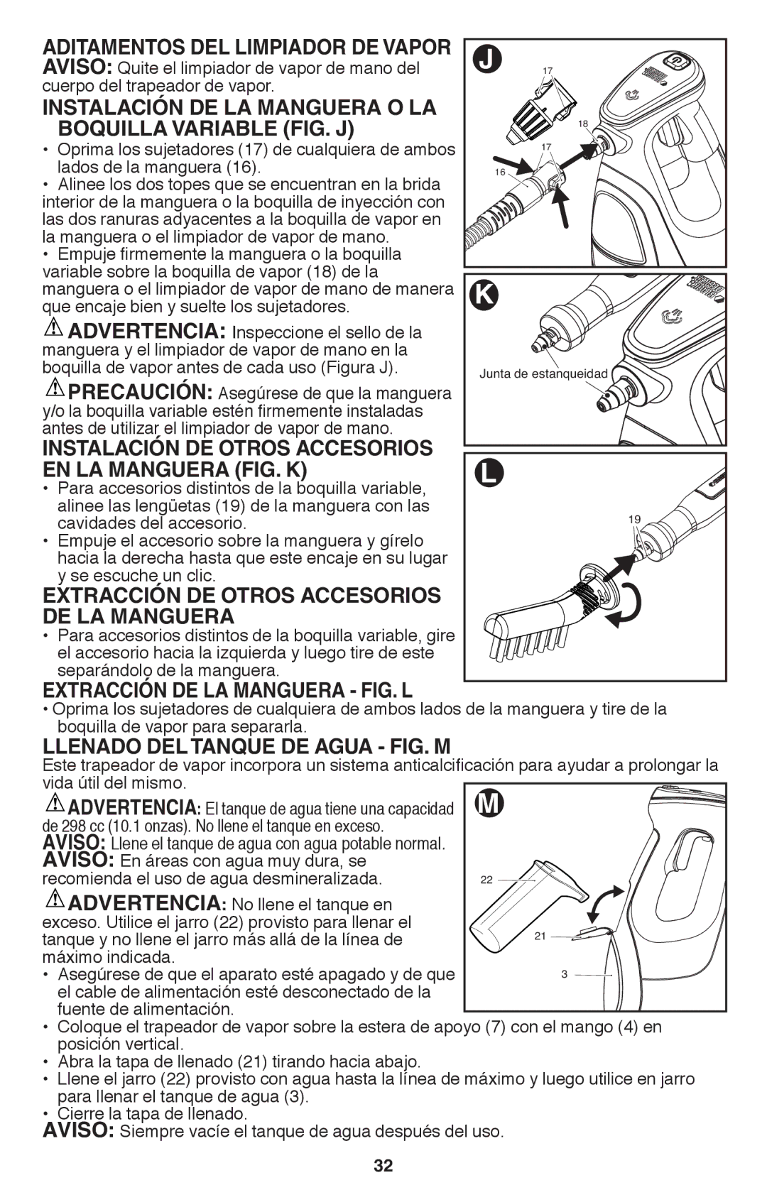 Black & Decker BDH1850SM Instalación DE LA Manguera O LA Boquilla Variable FIG. J, Extracción DE LA Manguera FIG. L 