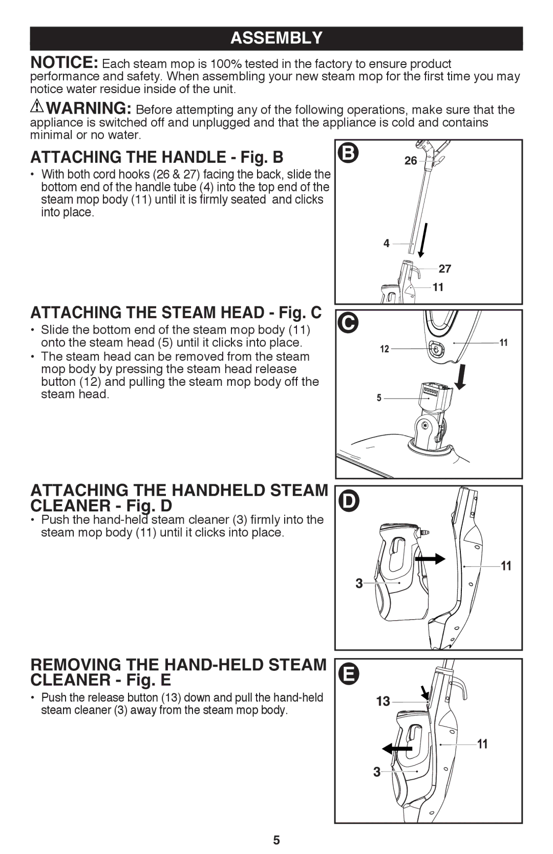 Black & Decker BDH1850SM instruction manual Attaching the handle Fig. B, Attaching the steam head Fig. C 