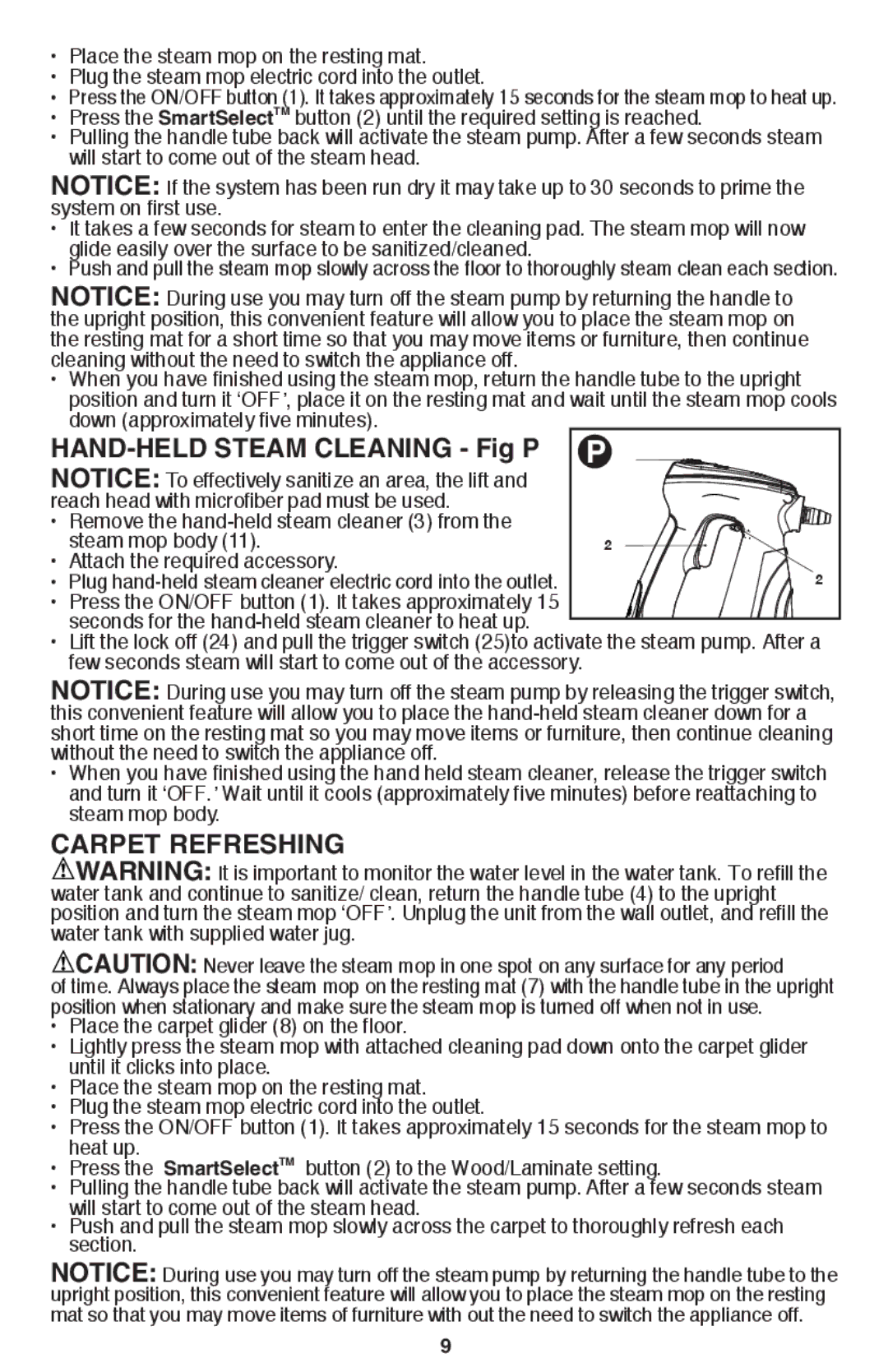 Black & Decker BDH1850SM instruction manual Hand-held steam cleaning Fig P, Carpet refreshing 