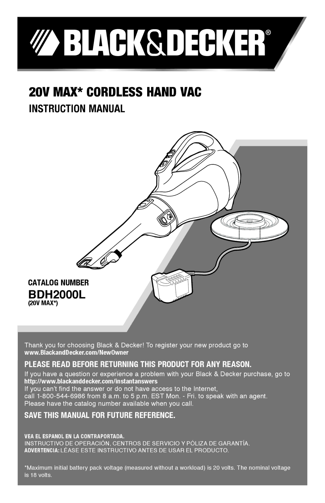 Black & Decker BDH2000L instruction manual 20v max* cordless hand vac 