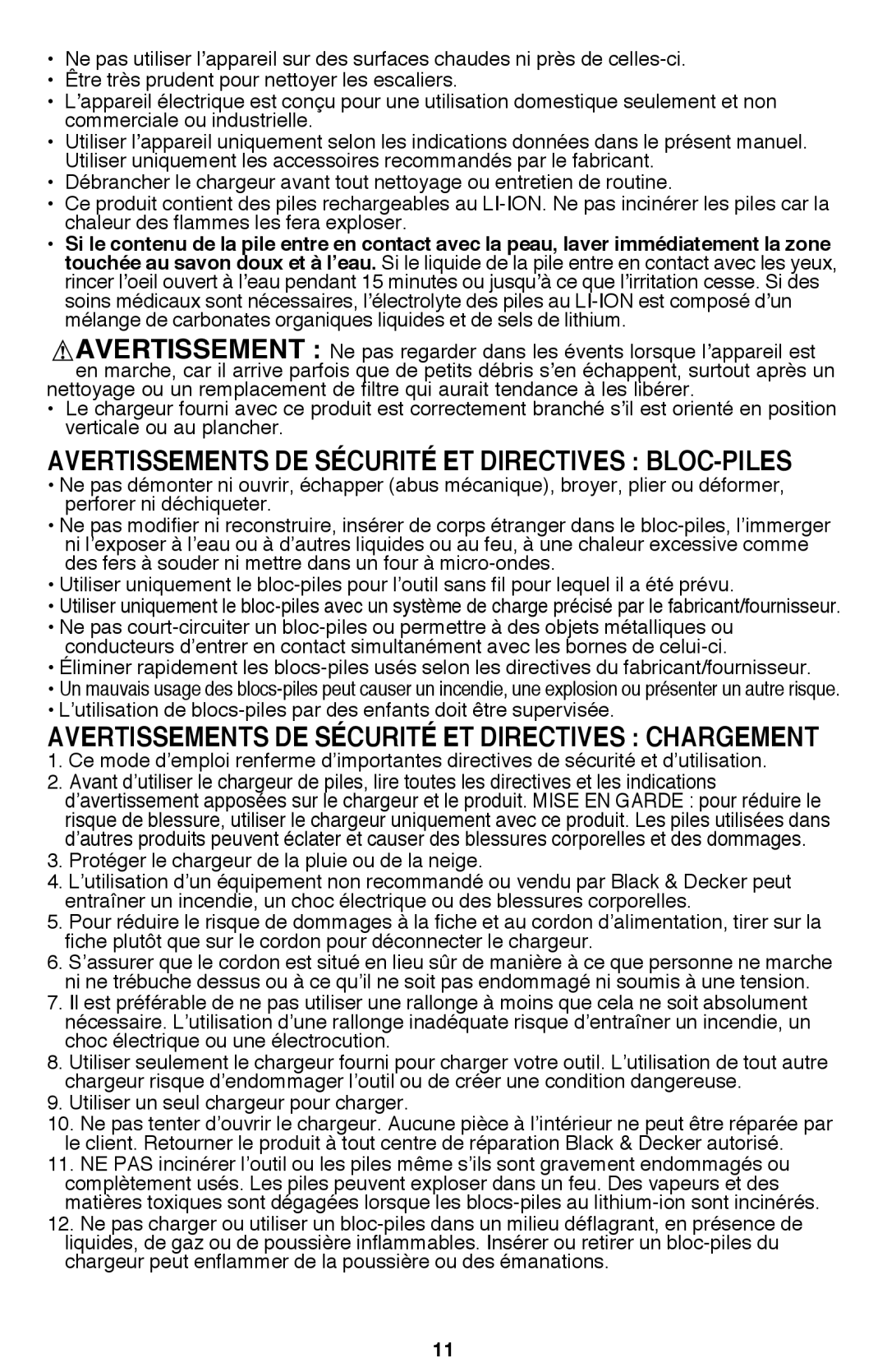 Black & Decker BDH2000L instruction manual Avertissements DE Sécurité ET Directives BLOC-PILES 