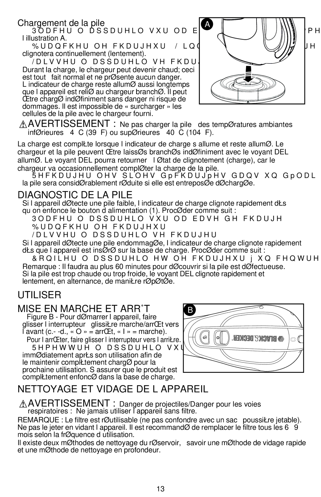 Black & Decker BDH2000L Diagnostic de la pile, Utiliser Mise en marche et arrêt, Nettoyage et vidage de l’appareil 