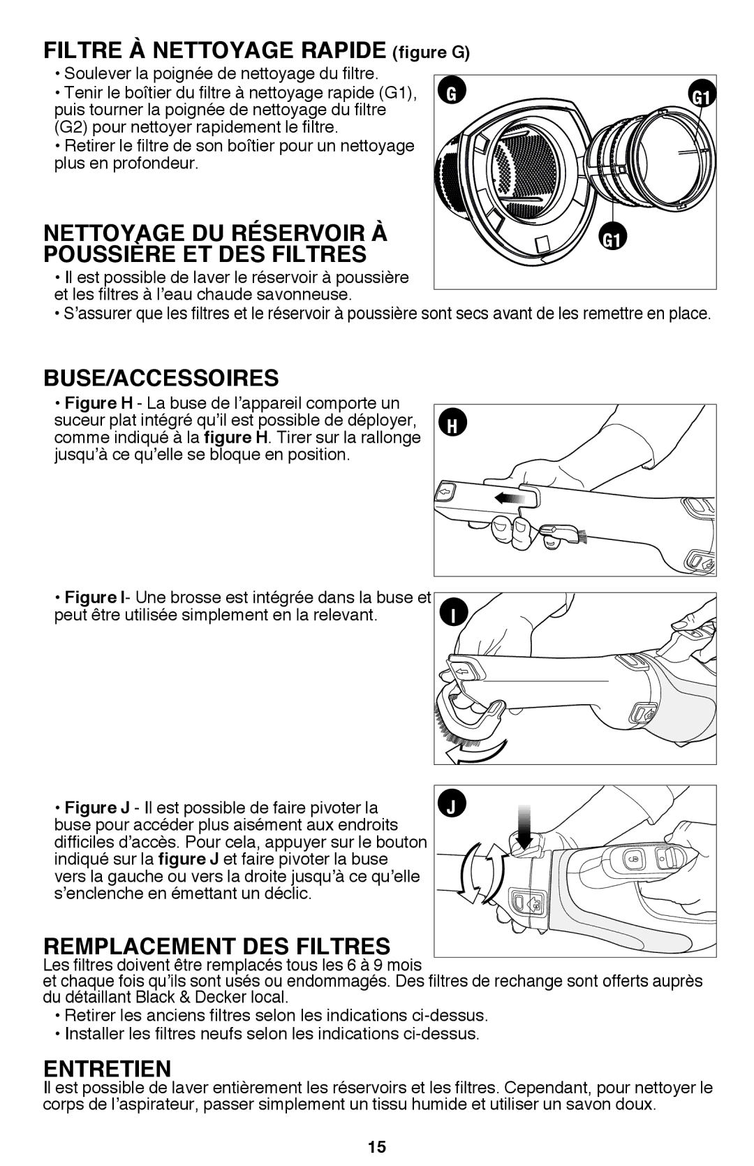 Black & Decker BDH2000L Filtre à nettoyage rapide figure G, Nettoyage du réservoir à Poussière et des filtres, Entretien 