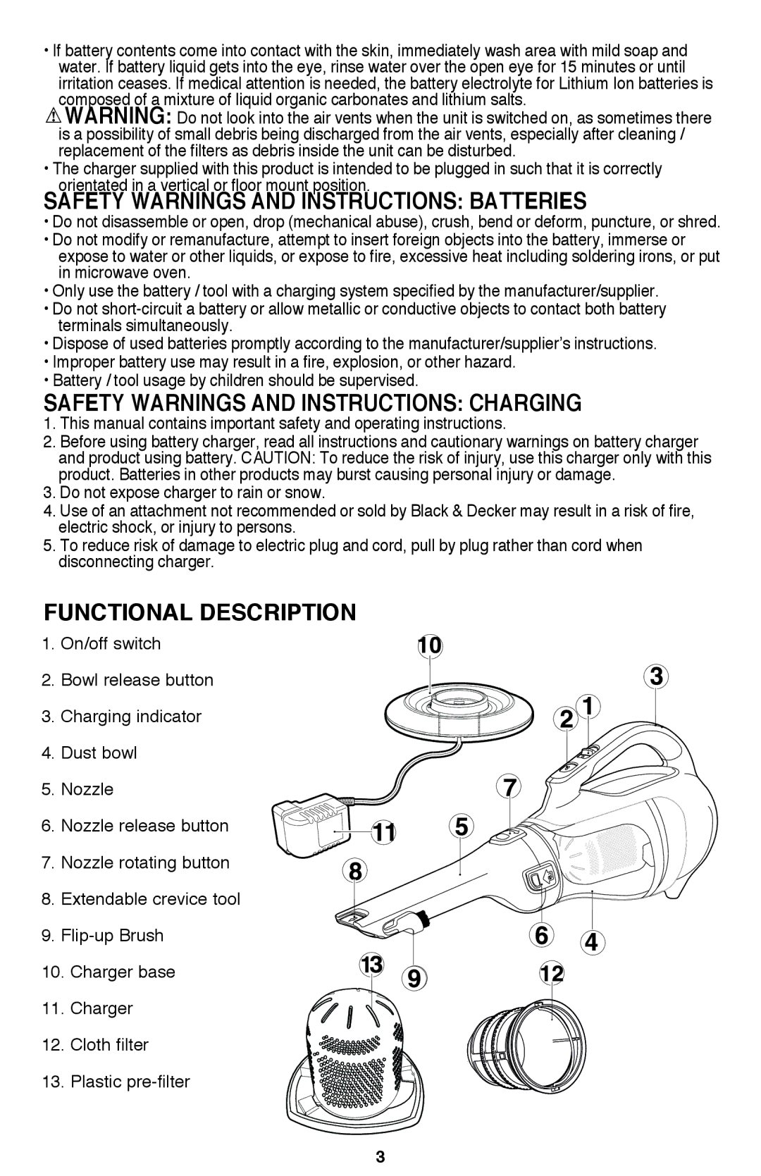 Black & Decker BDH2000L Safety Warnings and Instructions Batteries, Safety Warnings and Instructions Charging 