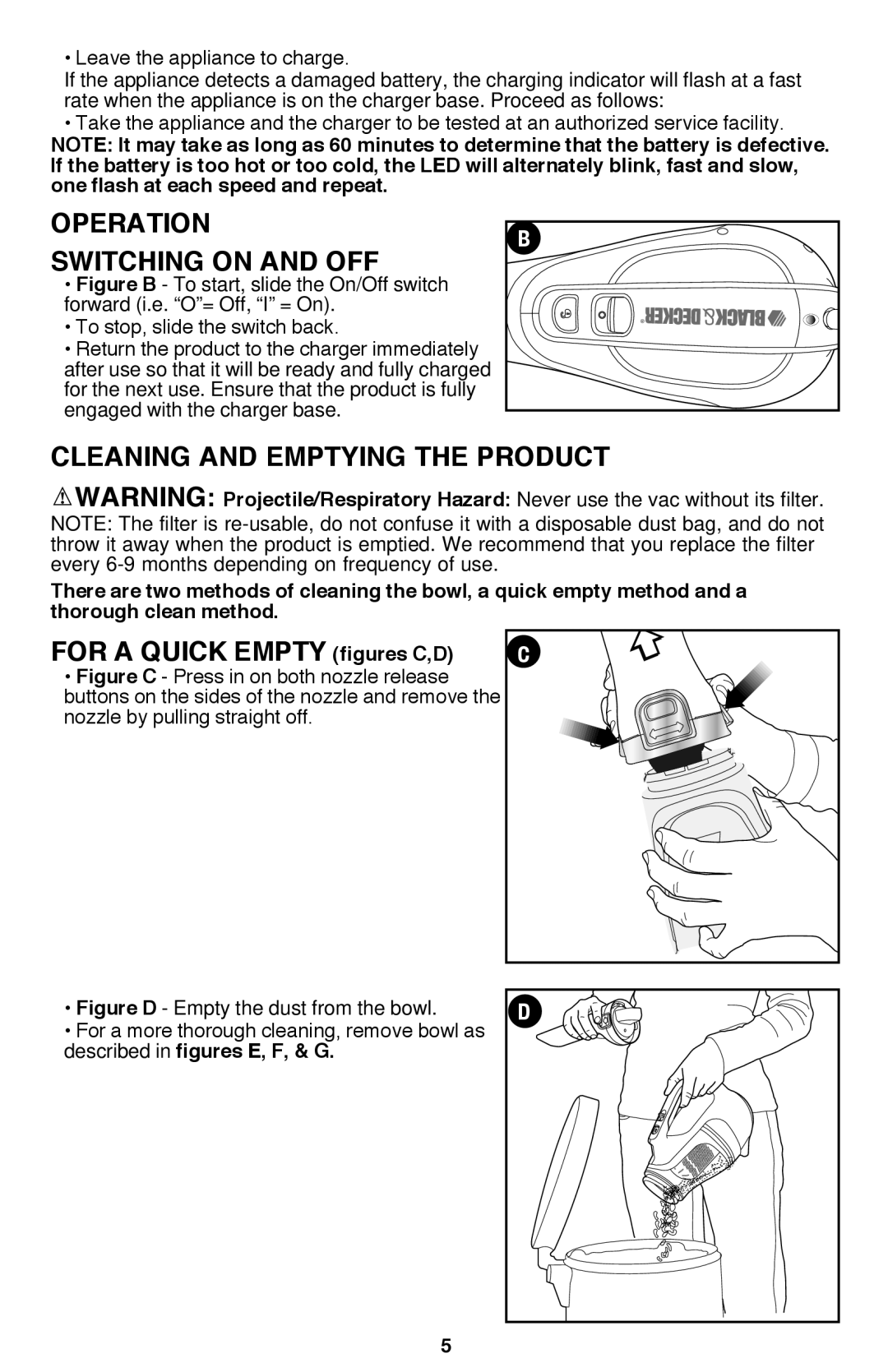 Black & Decker BDH2000L Operation, Switching on and off, Cleaning and emptying the product, For a quick empty figures C,D 