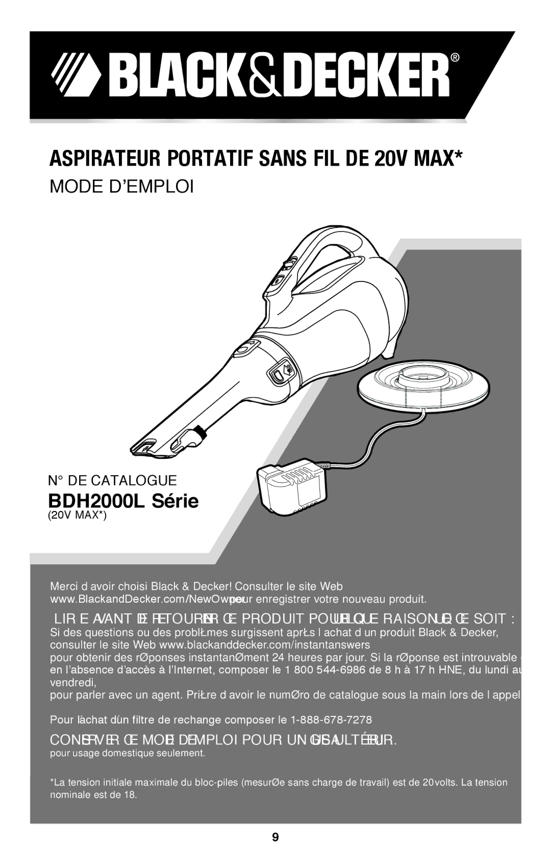 Black & Decker BDH2000L instruction manual Aspirateur Portatif Sans FIL DE 20V MAX 