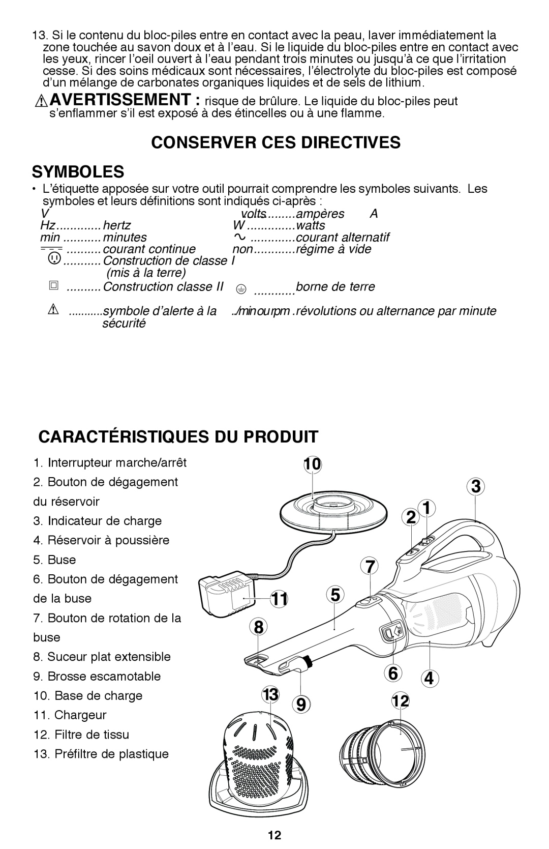 Black & Decker BDH2000L instruction manual CONSERVER CES DIRECTIVES Symboles, Caractéristiques Du Produit 