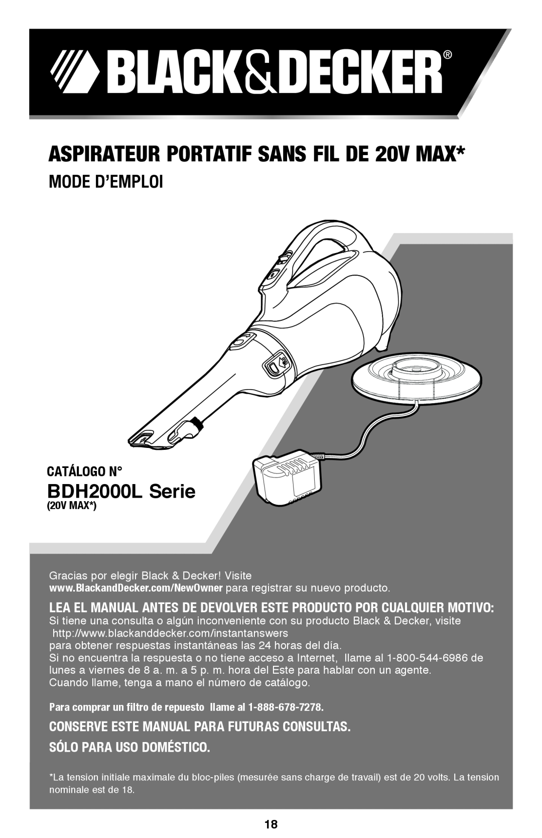 Black & Decker BDH2000L Serie, Catálogo N, LEA EL MANUAL antes de devolver este producto por cualquier motivo, 20V MAX 