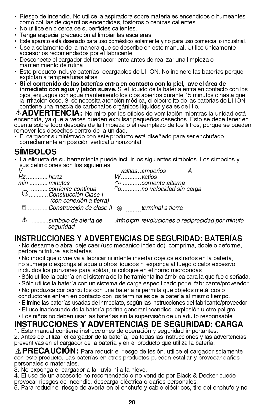 Black & Decker BDH2000L instruction manual Símbolos, Instrucciones Y Advertencias De Seguridad Carga 