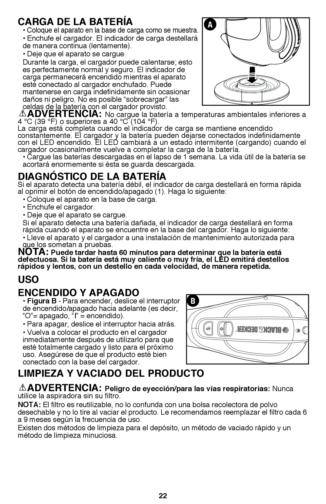 Black & Decker BDH2000L instruction manual Carga de la batería, Diagnóstico de la batería, Uso Encendido y apagado 