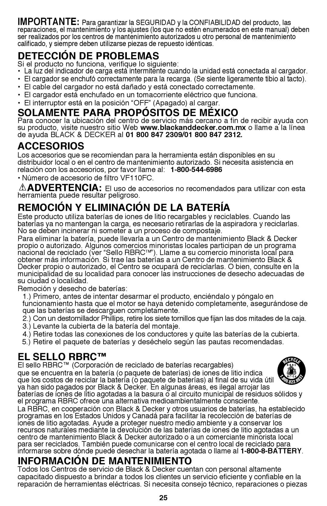 Black & Decker BDH2000L Detección de problemas, Solamente para Propósitos de México, Accesorios, El sello RBRC 