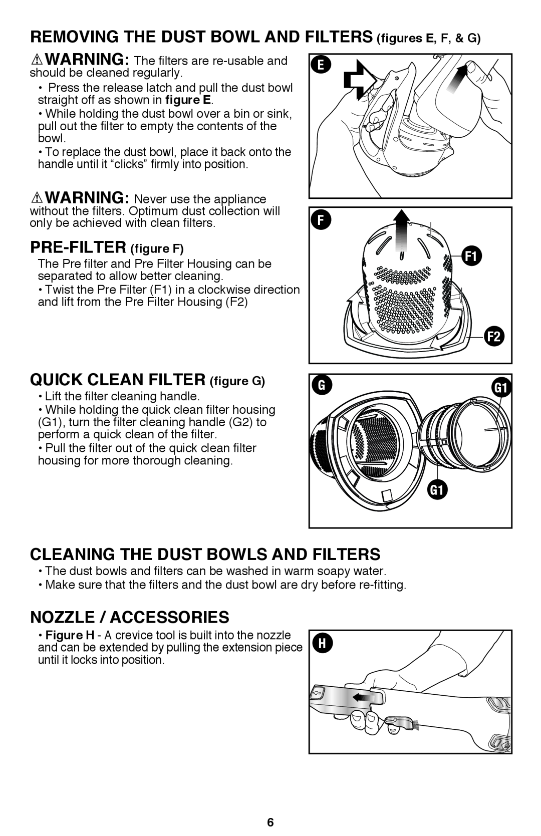 Black & Decker BDH2000L Removing the dust bowl and filters figures E, F, & G, Pre-filter figure F, Nozzle / Accessories 