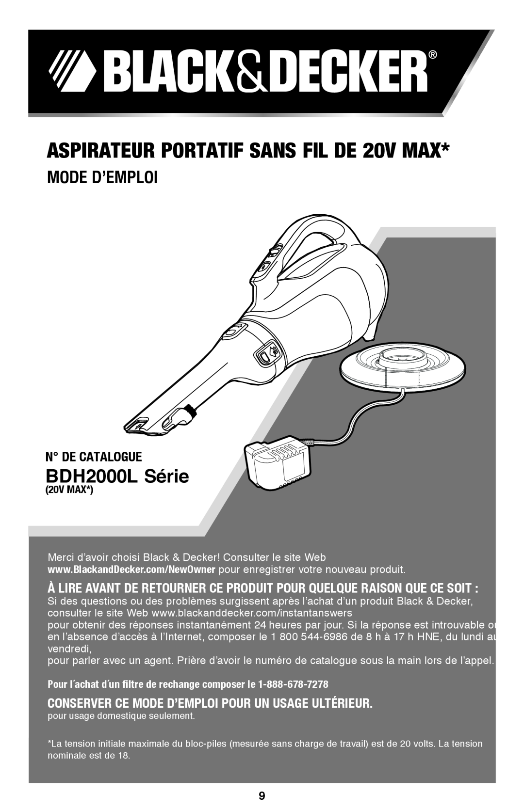 Black & Decker instruction manual ASPIRATEUR PORTATIF SANS FIL DE 20V MAX, BDH2000L Série, Mode D’Emploi, N de catalogue 