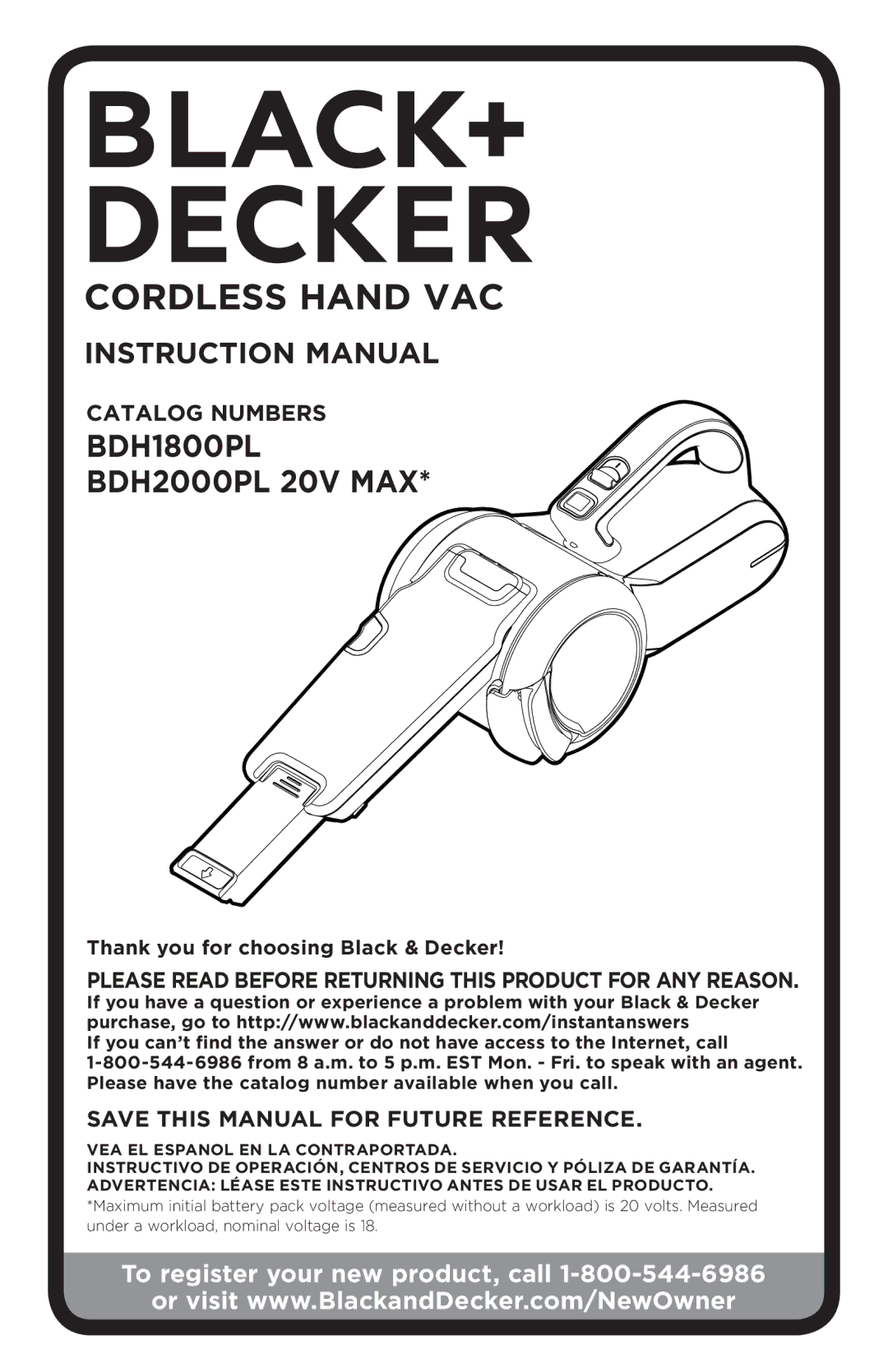 Black & Decker BDH2000PL instruction manual CORdLeSS Hand vAC, Thank you for choosing Black & Decker 