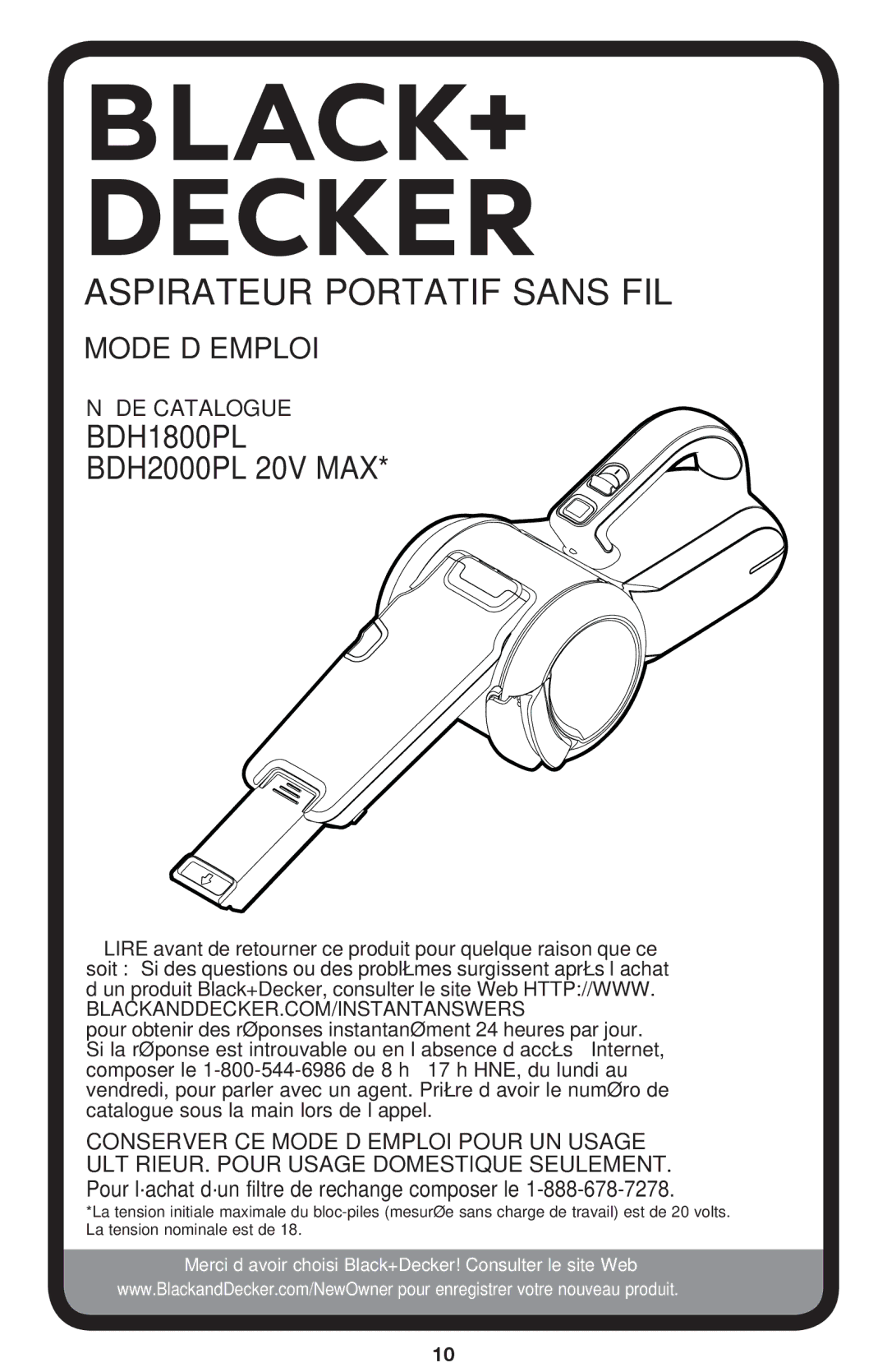 Black & Decker BDH2000PL instruction manual Aspirateur Portatif Sans FIL 