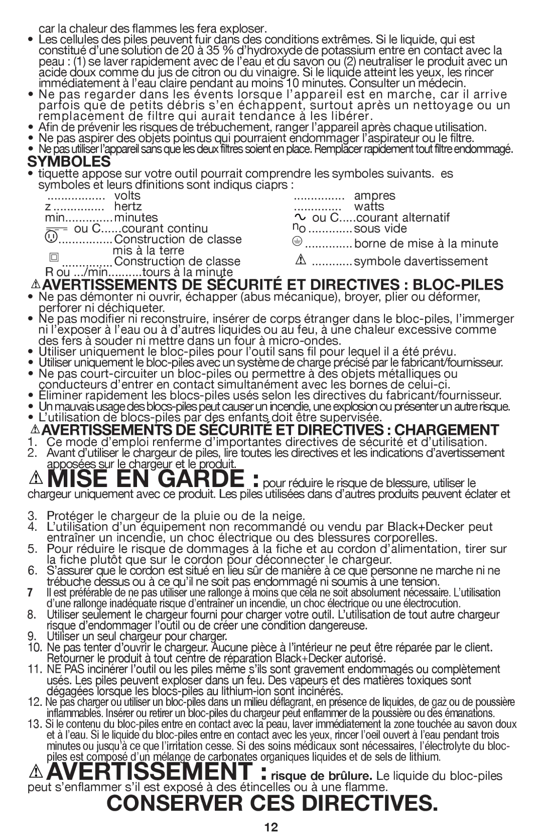 Black & Decker BDH2000PL instruction manual Symboles, Avertissements DE Sécurité ET Directives BLOC-PILES 