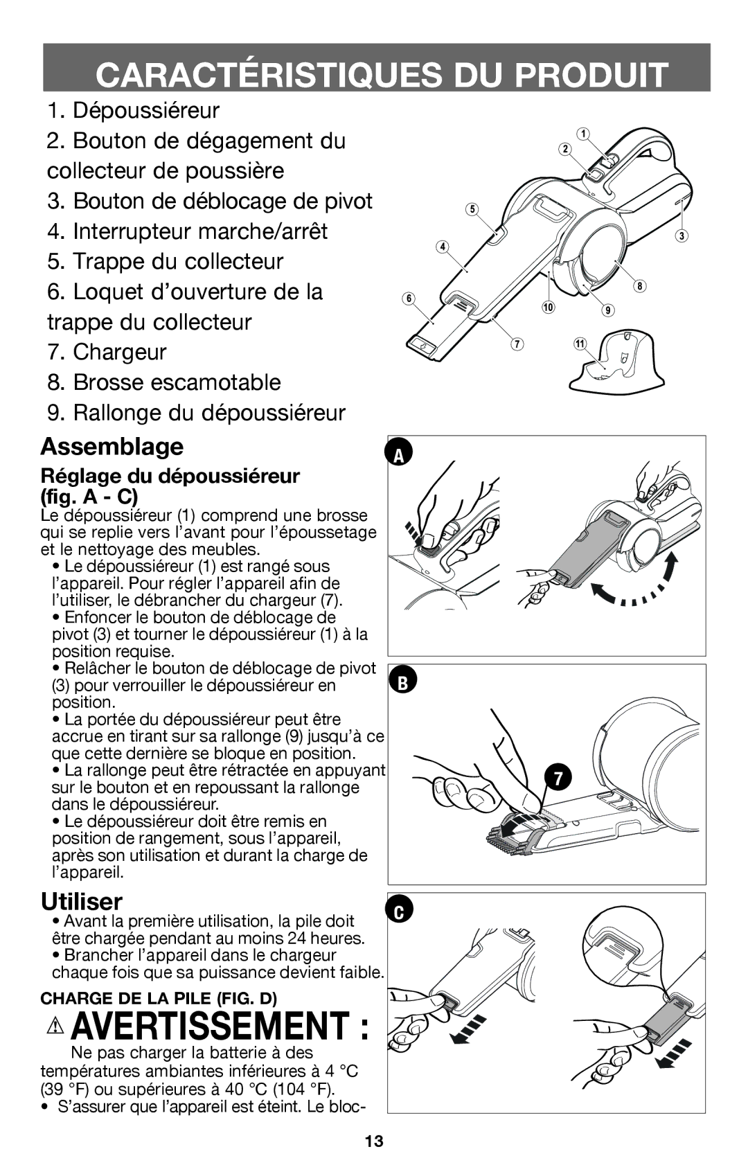 Black & Decker BDH2000PL instruction manual Réglage du dépoussiéreur fig. a C, Charge de la pile fig. D 