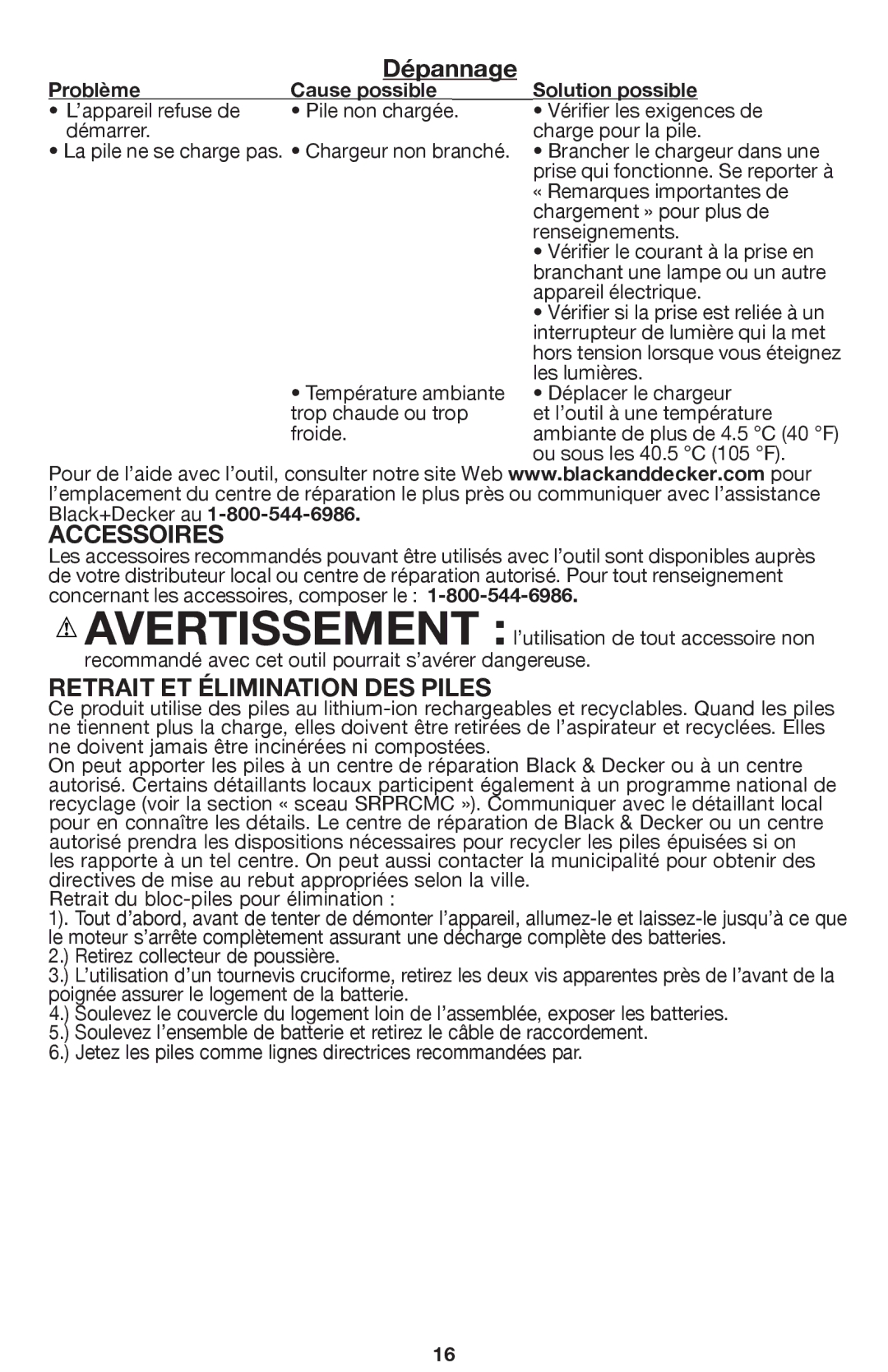 Black & Decker BDH2000PL instruction manual Dépannage, Accessoires, Retrait ET Élimination DES Piles 