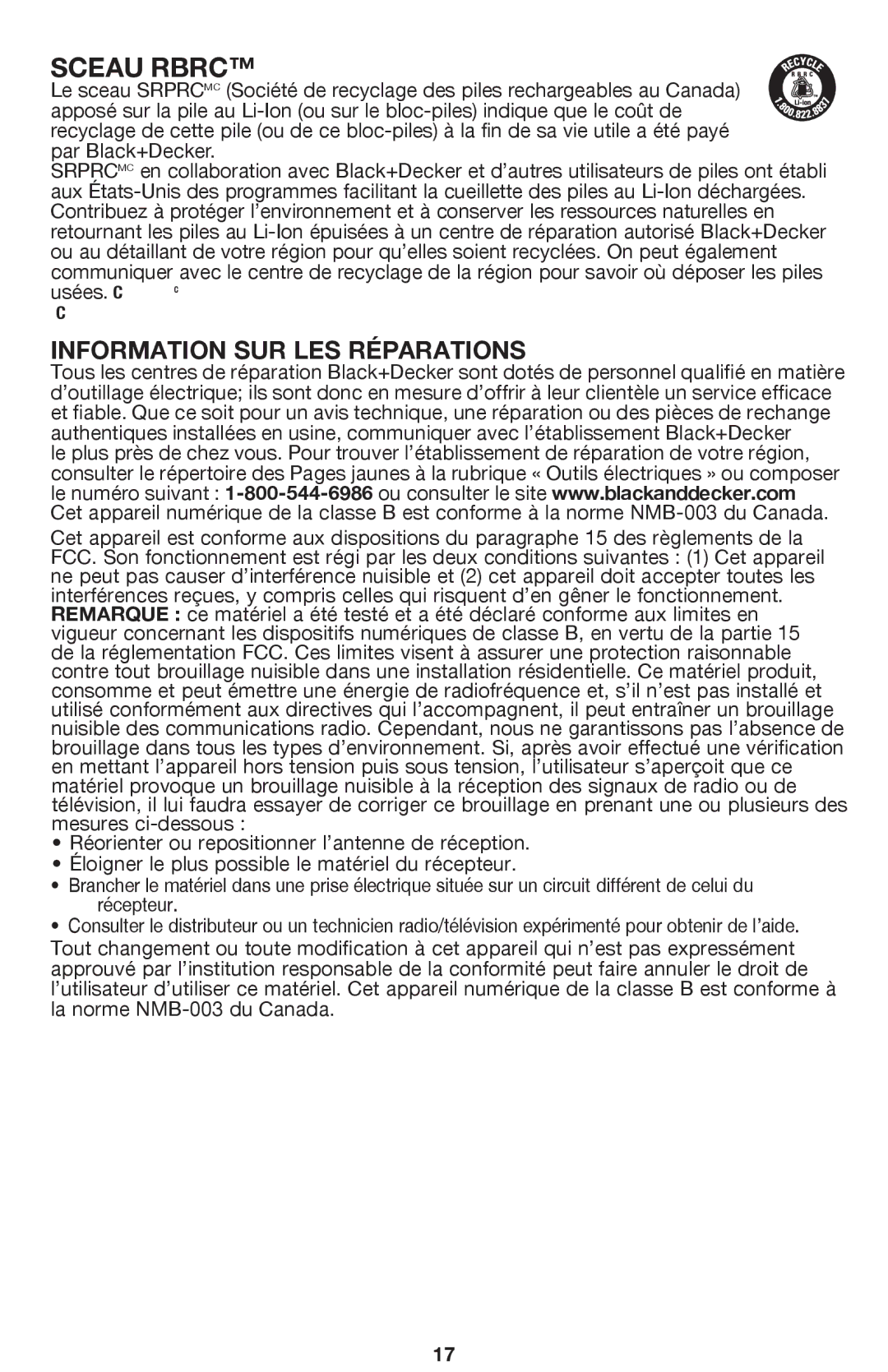 Black & Decker BDH2000PL instruction manual Sceau Rbrc, Information sur les réparations 