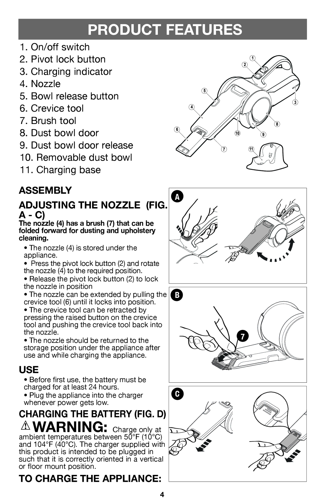 Black & Decker BDH2000PL Assembly Adjusting the nozzle fig, Use, Charging the battery fig. D, To charge the appliance 