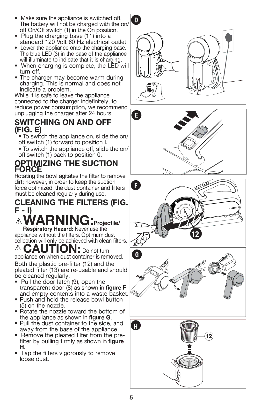 Black & Decker BDH2000PL Switching on and off fig. E, Optimizing the suction force, Cleaning the filters fig. F 