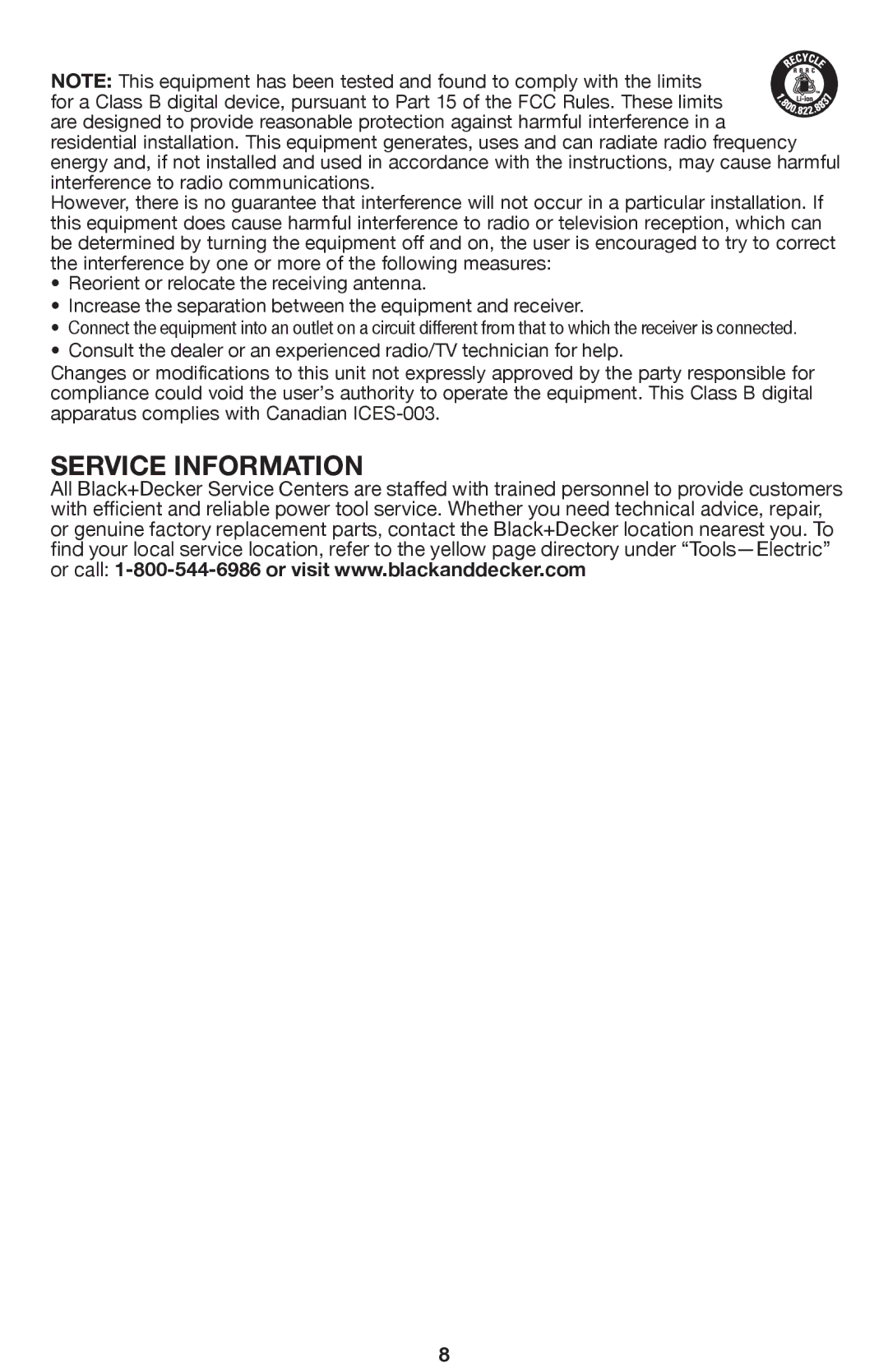 Black & Decker BDH2000PL instruction manual Service Information 