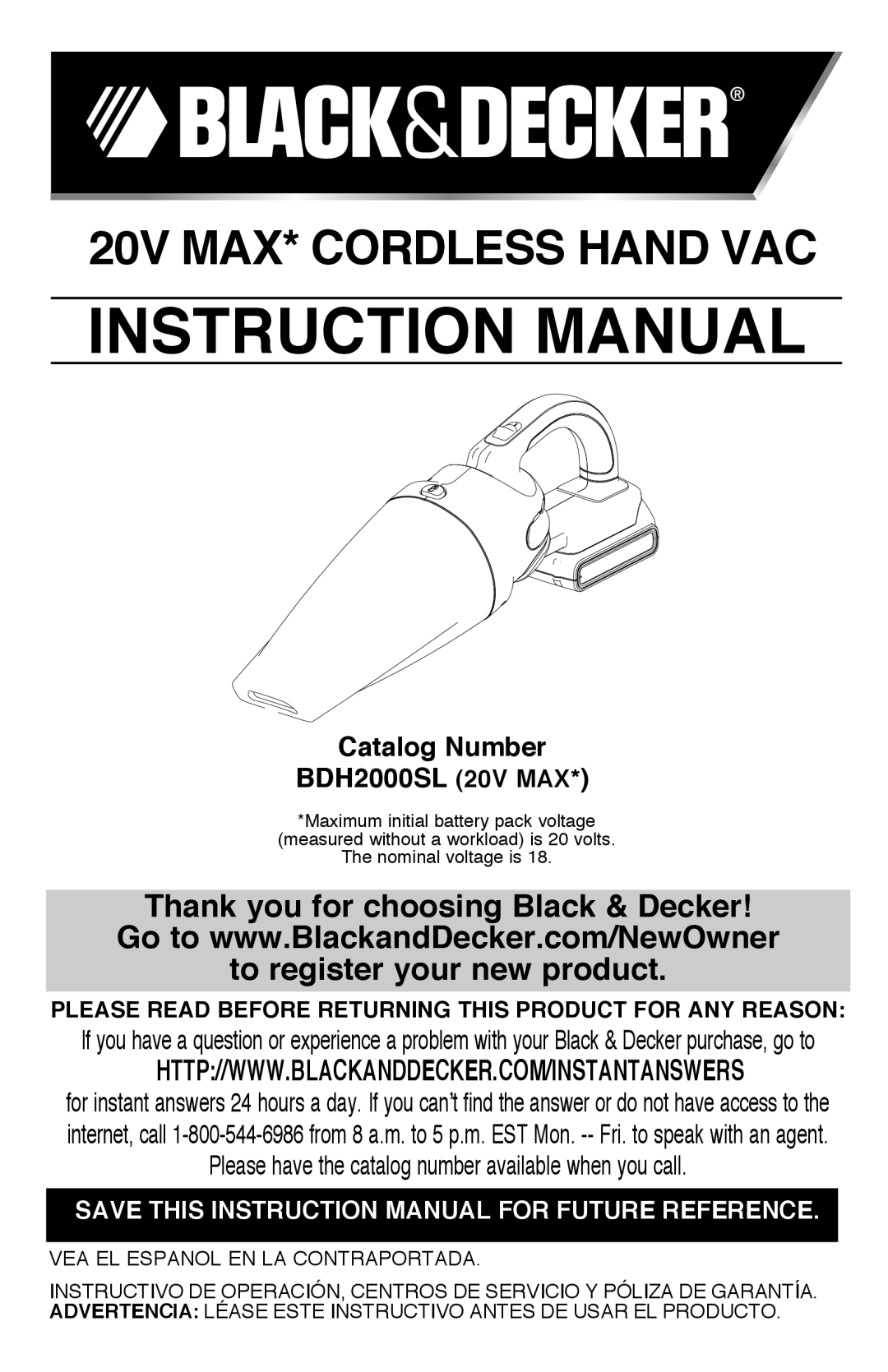 Black & Decker BDH2000SDL instruction manual Catalog Number BDH2000SL 20V MAX, VEA EL ESPAnOL EN LA Contraportada 