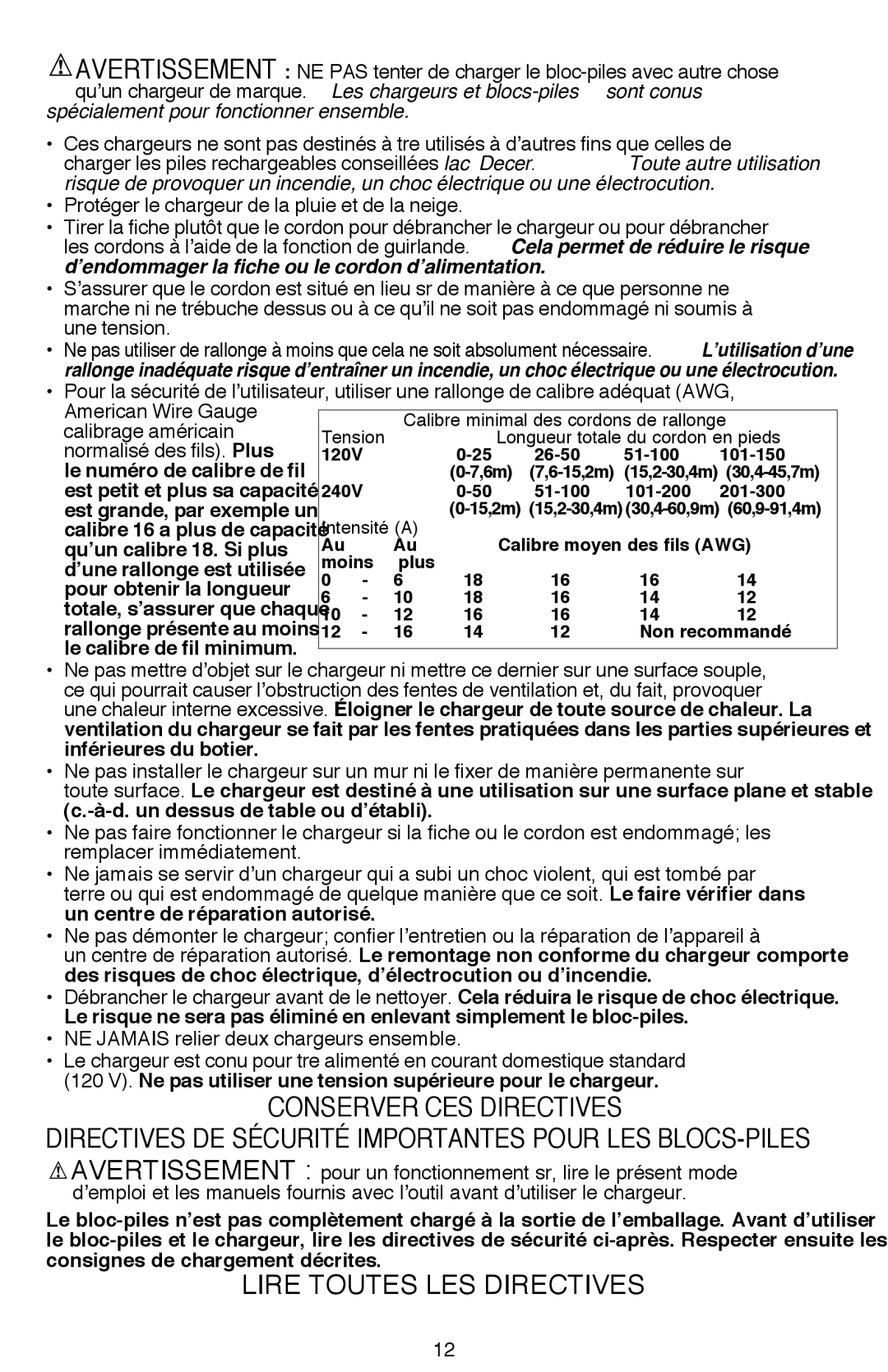 Black & Decker BDH2000SL, BDH2000SDL Conserver CES Directives, Directives de sécurité importantes pour les blocs-piles 