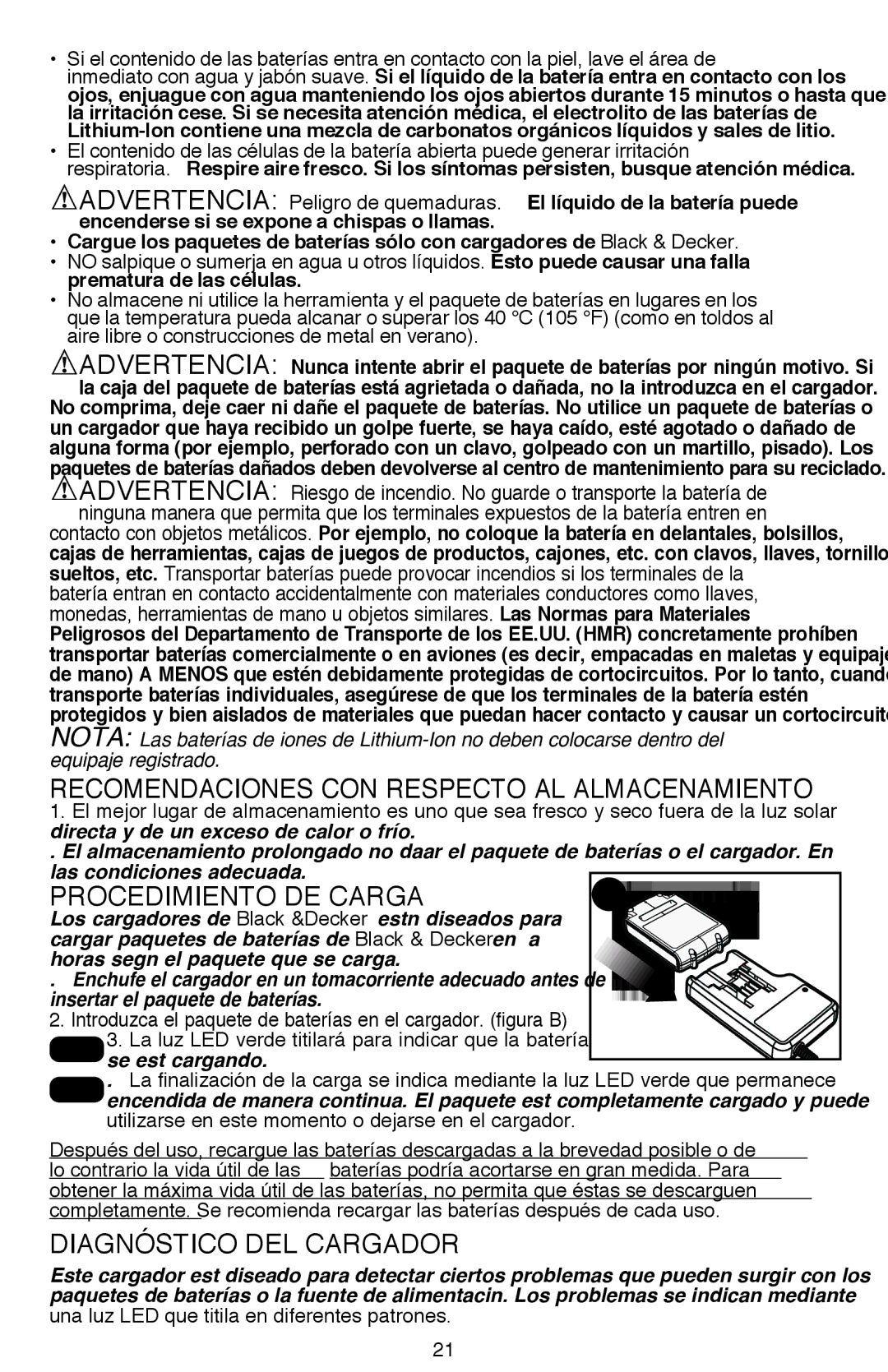 Black & Decker BDH2000SDL Recomendaciones con respecto al almacenamiento, Procedimiento de carga, Diagnóstico del cargador 