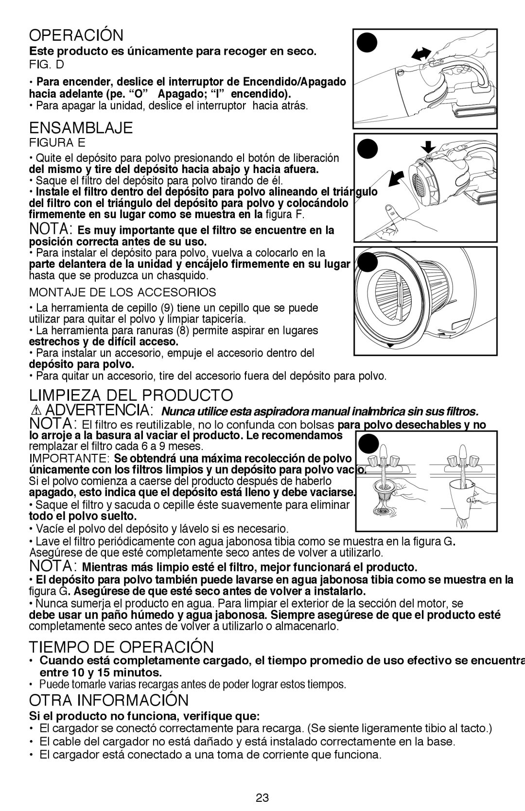 Black & Decker BDH2000SDL, BDH2000SL instruction manual Ensamblaje, Tiempo DE Operación, Otra Información 