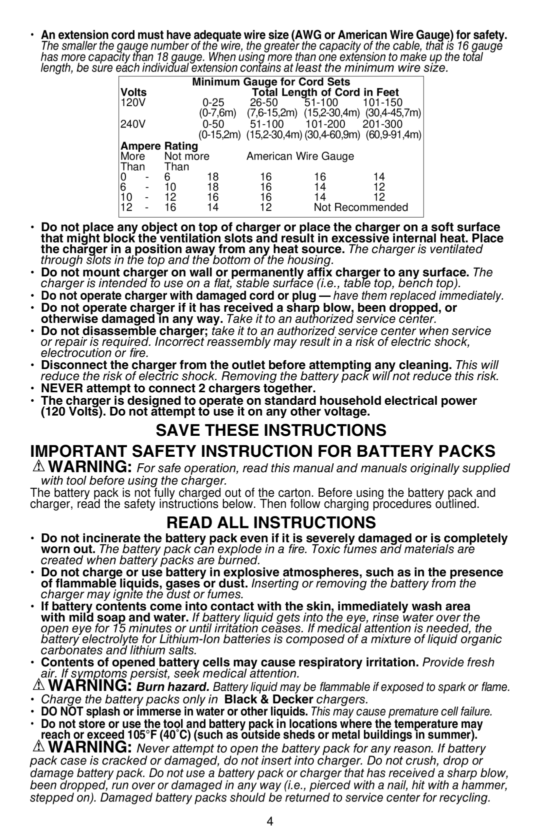 Black & Decker BDH2000SL, BDH2000SDL instruction manual Important Safety Instruction for Battery Packs, Volts 