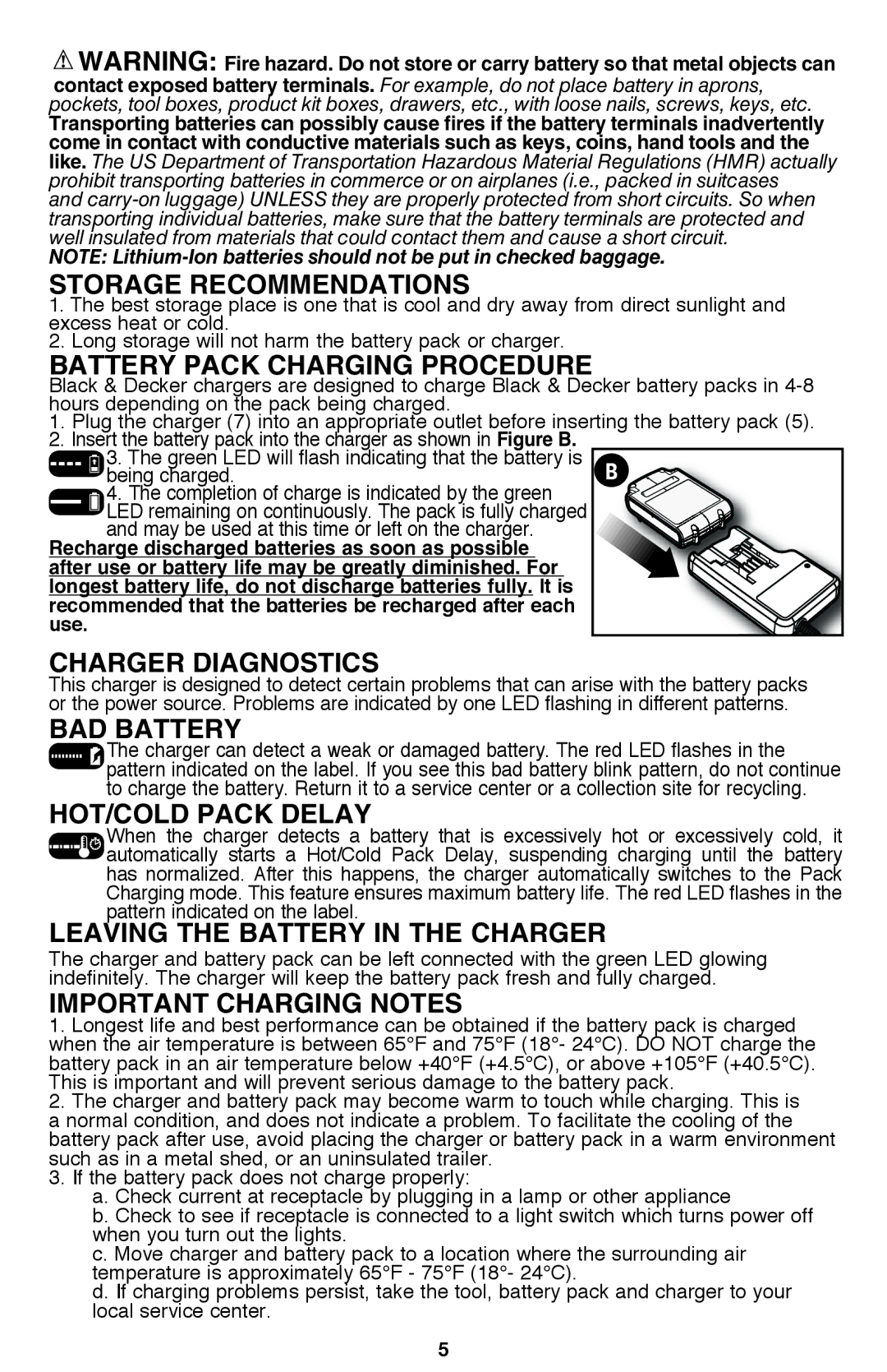 Black & Decker BDH2000SDL Storage Recommendations, Battery Pack Charging Procedure, Charger Diagnostics, Bad battery 