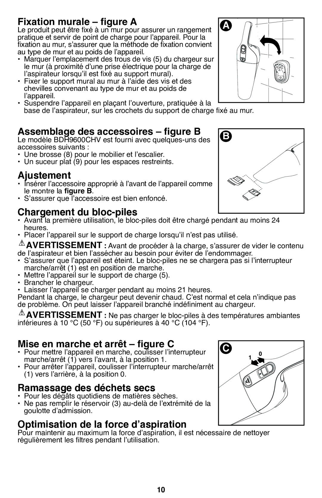 Black & Decker BDH7200CHV instruction manual Fixation murale figure a, Assemblage des accessoires figure B, Ajustement 