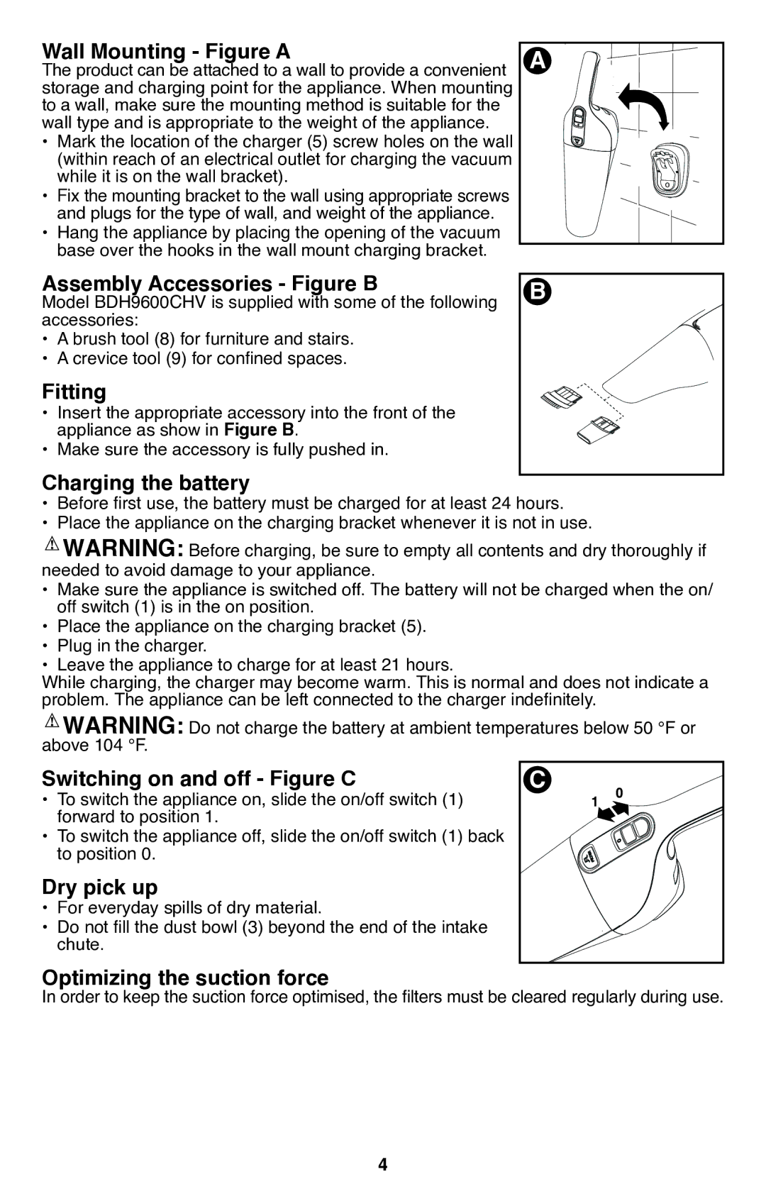 Black & Decker BDH7200CHV Wall Mounting Figure a, Assembly Accessories Figure B, Fitting, Charging the battery 