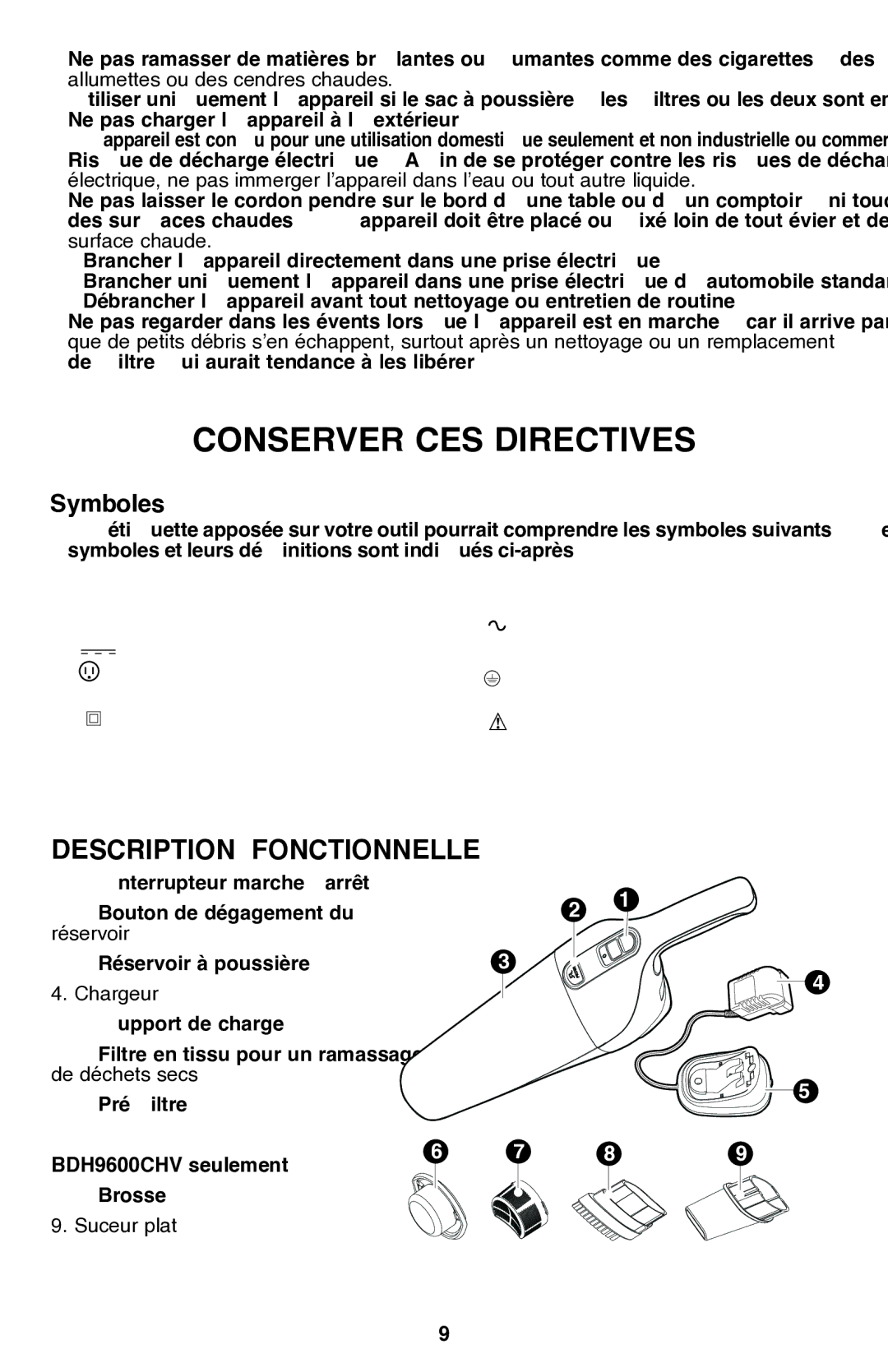 Black & Decker BDH7200CHV instruction manual Description Fonctionnelle, Symboles 