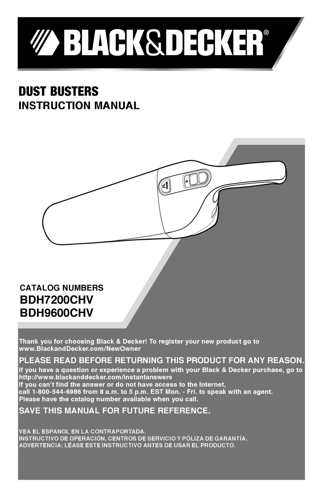 Black & Decker instruction manual Dust Busters, BDH7200CHV BDH9600CHV 