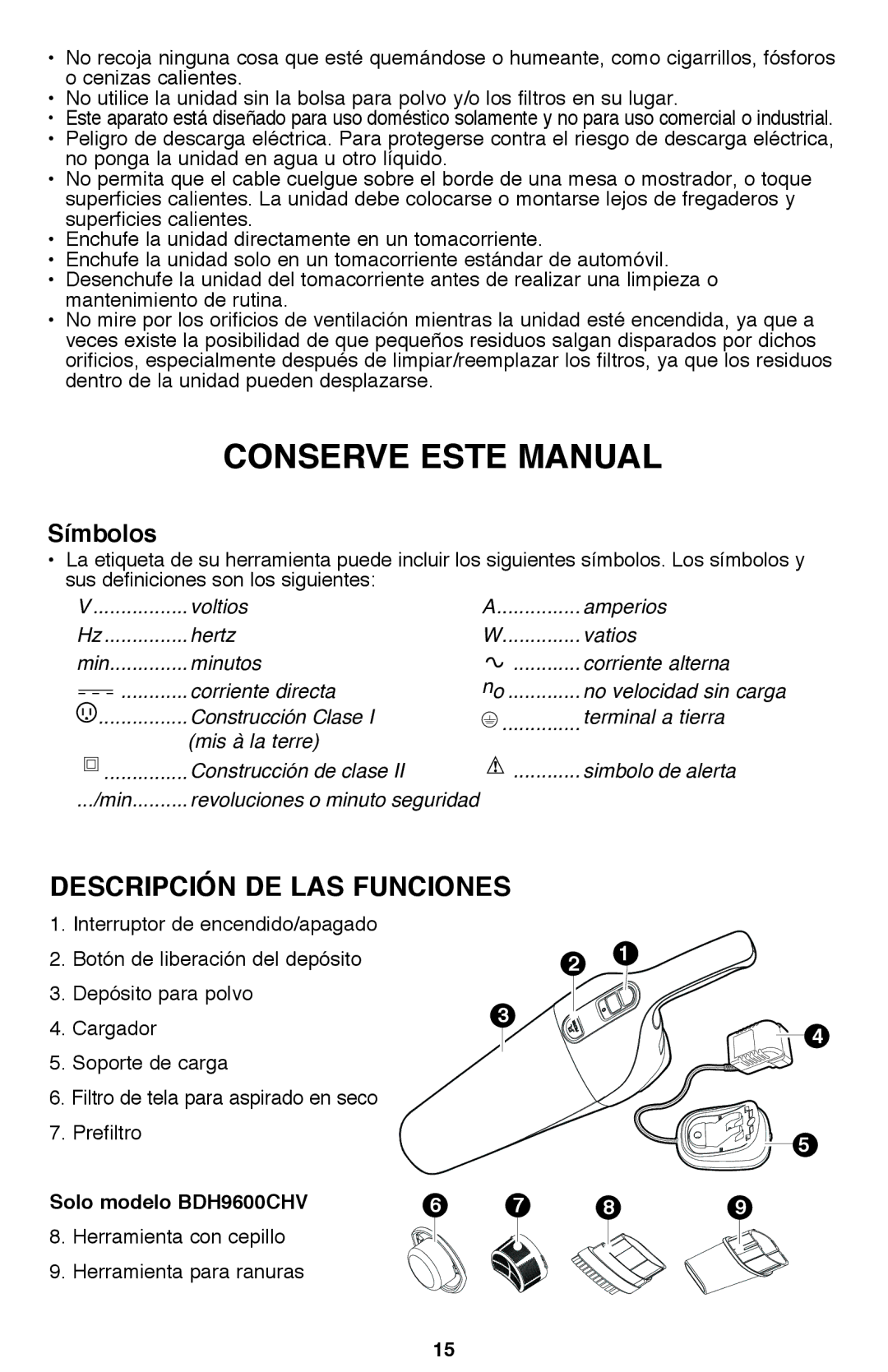 Black & Decker BDH9600CHV instruction manual Descripción de las funciones, Símbolos 