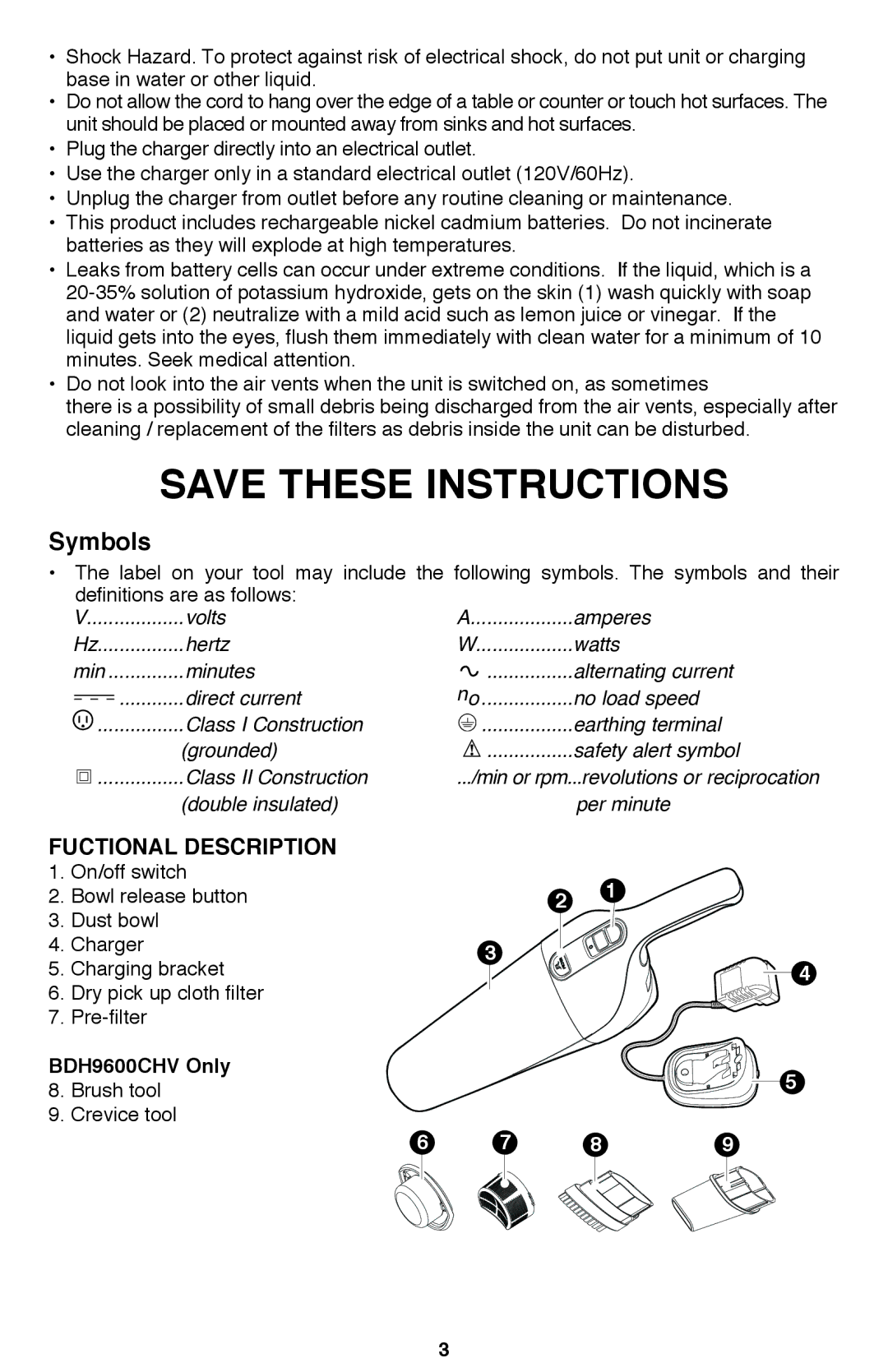 Black & Decker BDH9600CHV instruction manual Symbols, Fuctional Description 