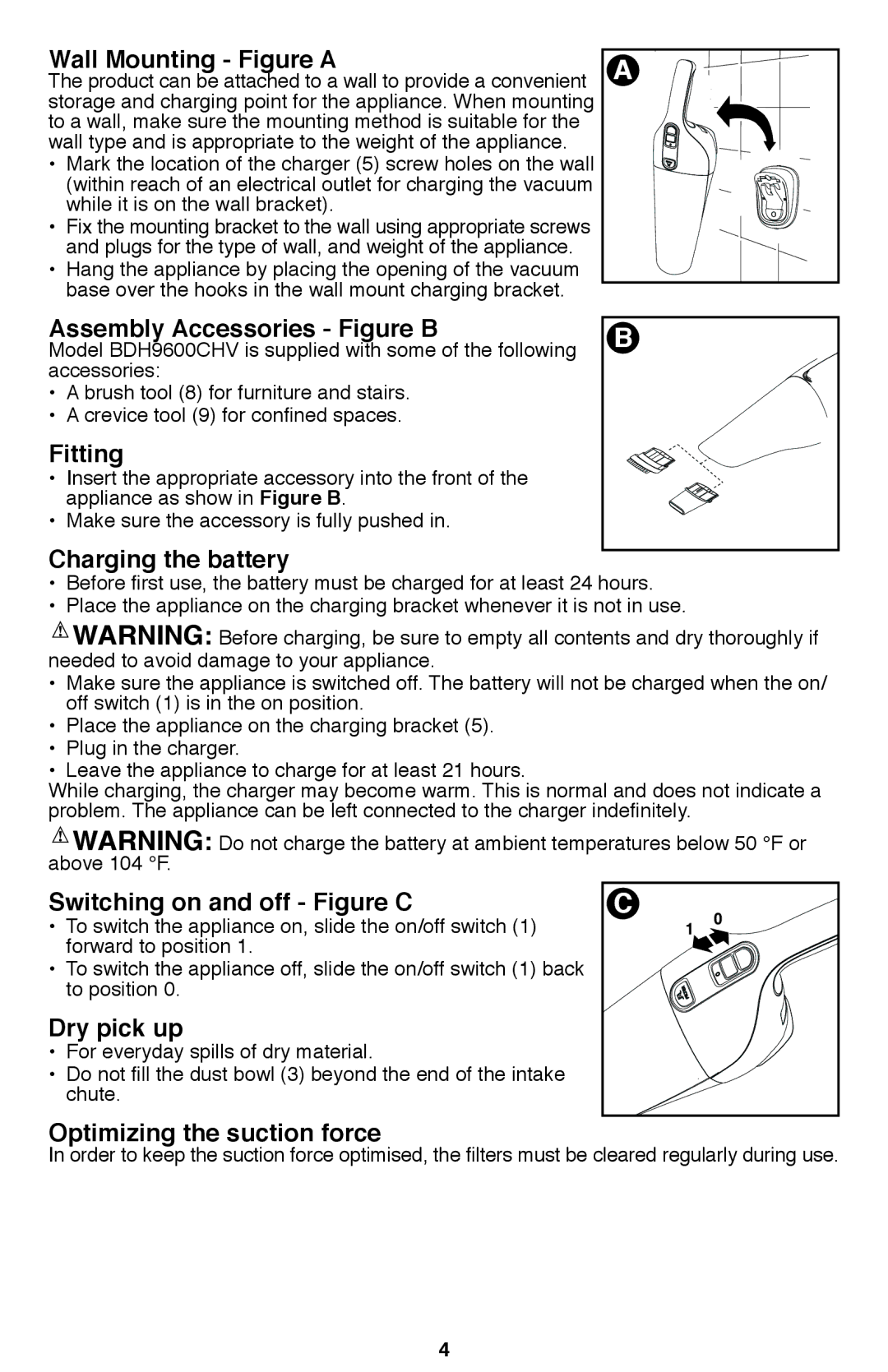 Black & Decker BDH9600CHV Wall Mounting Figure a, Assembly Accessories Figure B, Fitting, Charging the battery 