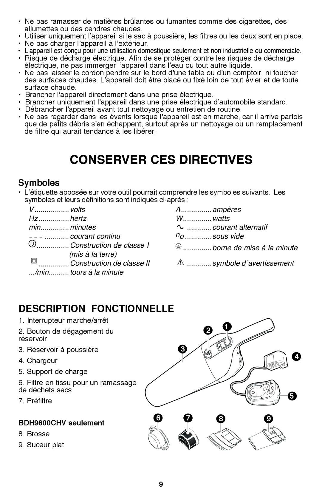 Black & Decker BDH9600CHV instruction manual Description Fonctionnelle, Symboles 