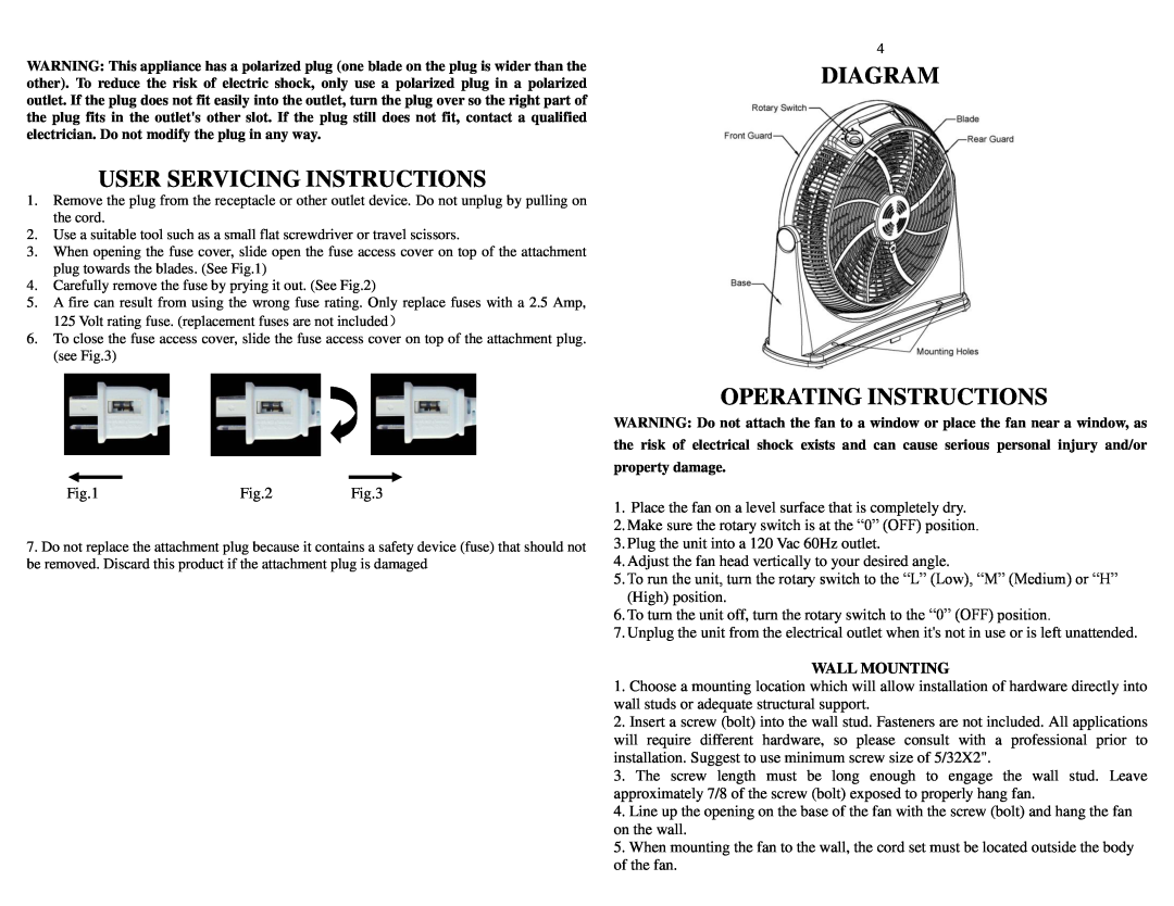 Black & Decker BDHT5016 instruction manual User Servicing Instructions, Diagram Operating Instructions, Wall Mounting 