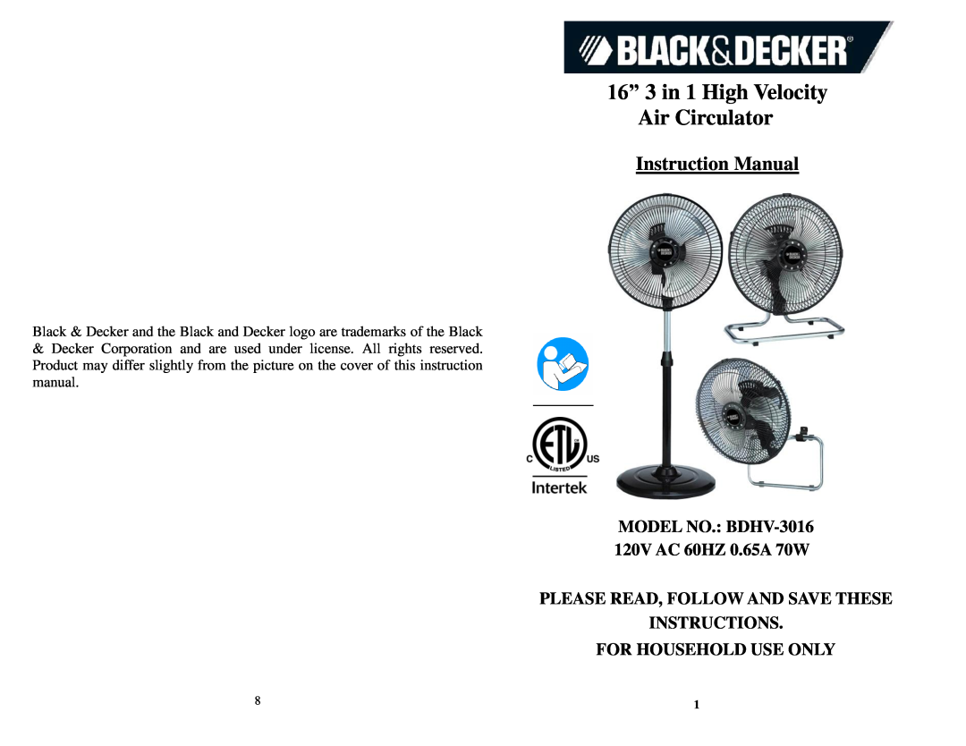 Black & Decker BDHV3016 instruction manual Instruction Manual, 16” 3 in 1 High Velocity Air Circulator 