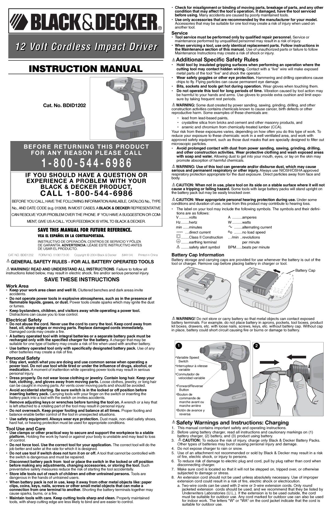 Black & Decker 5106173-00 instruction manual Additional Specific Safety Rules, Safety Warnings and Instructions Charging 