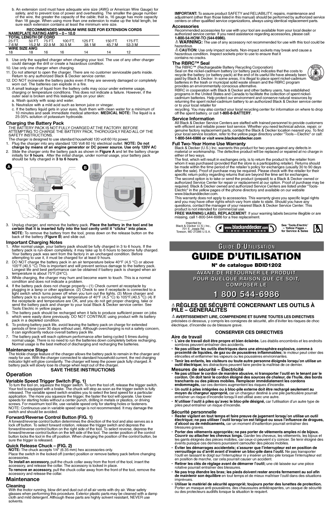 Black & Decker BDID1202, 5106173-00 instruction manual Guide D’UTILISATION, Operation, Maintenance, Conserver CES Directives 