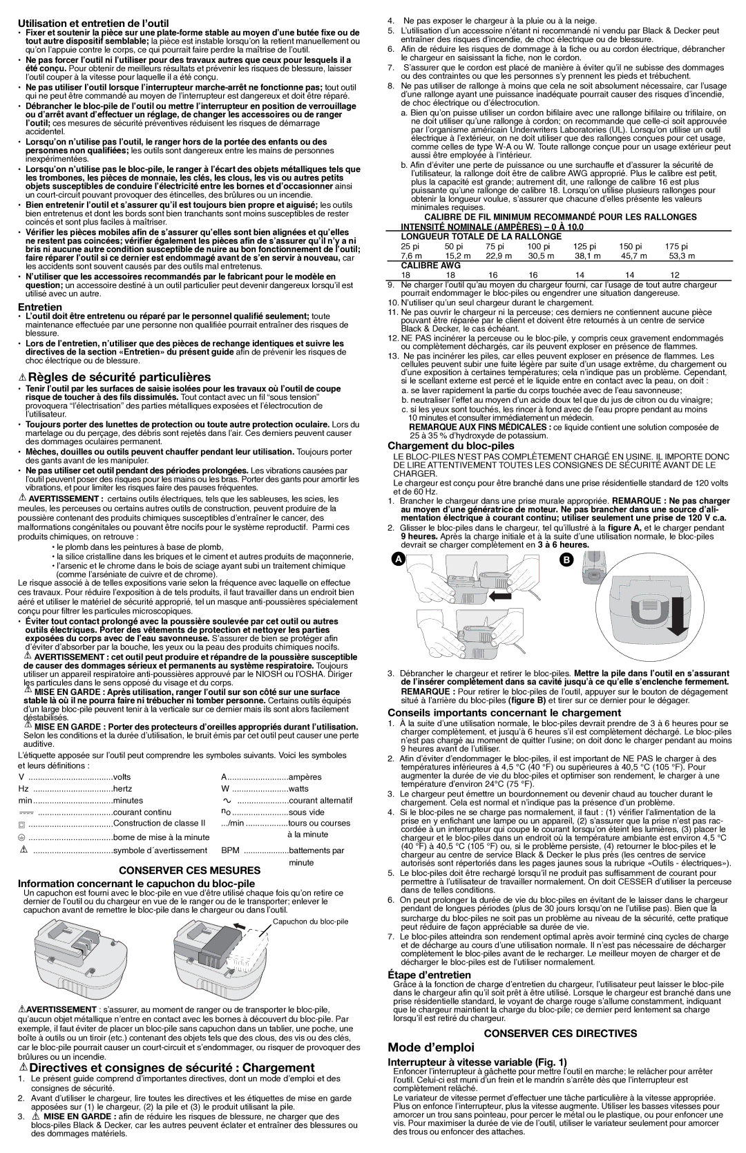 Black & Decker 5106173-00 Règles de sécurité particulières, Directives et consignes de sécurité Chargement, Mode d’emploi 