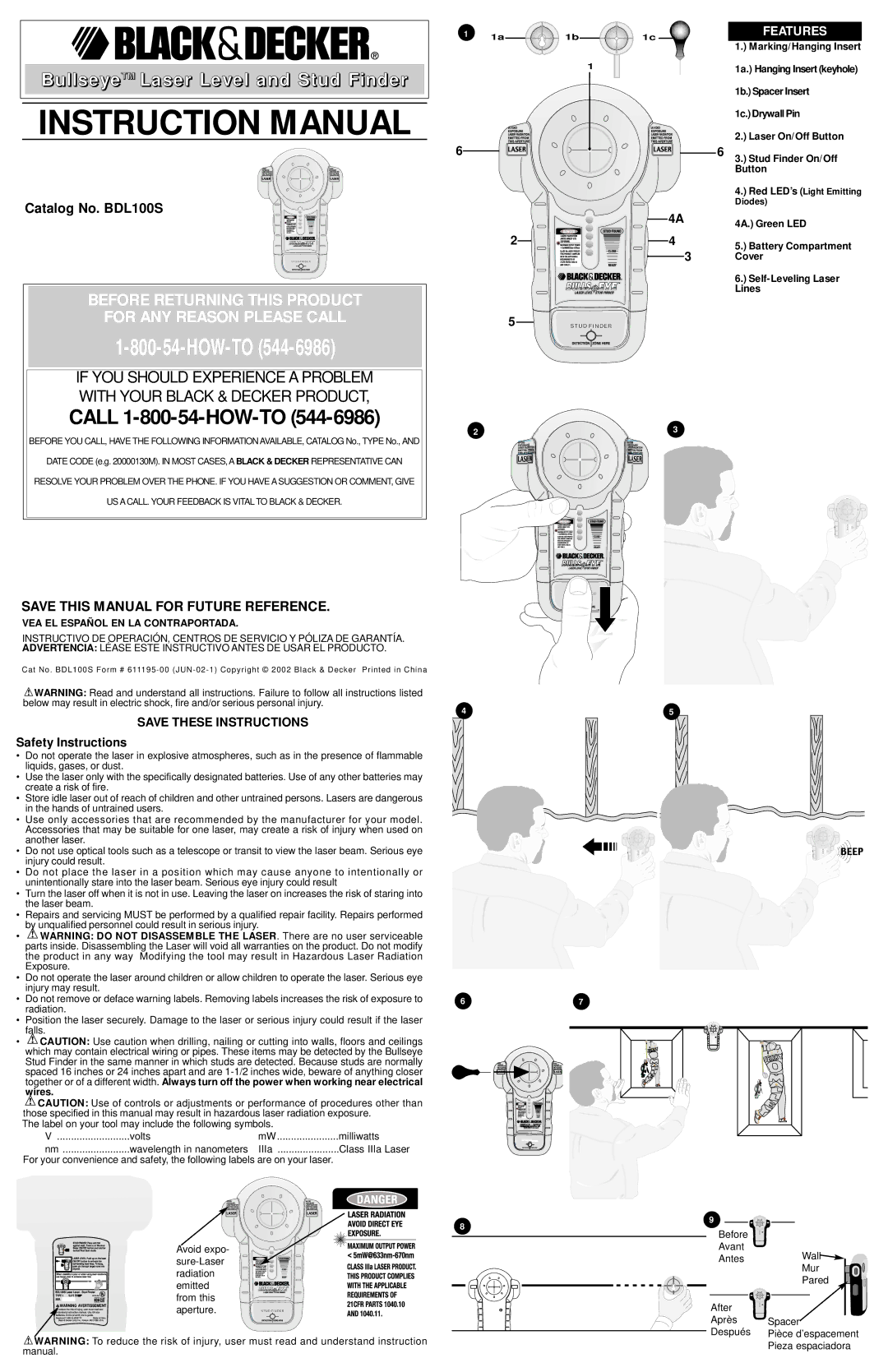 Black & Decker 611195-00, BDL100S instruction manual Safety Instructions, VEA EL Español EN LA Contraportada 