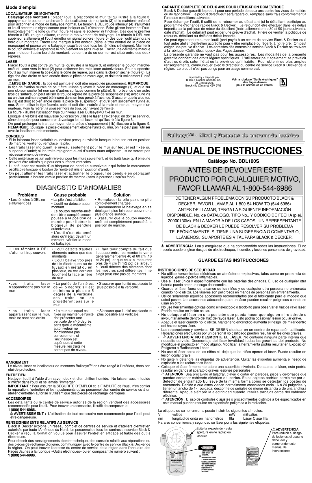 Black & Decker 611195-00, BDL100S instruction manual Mode d’emploi, Cause probable Solution 